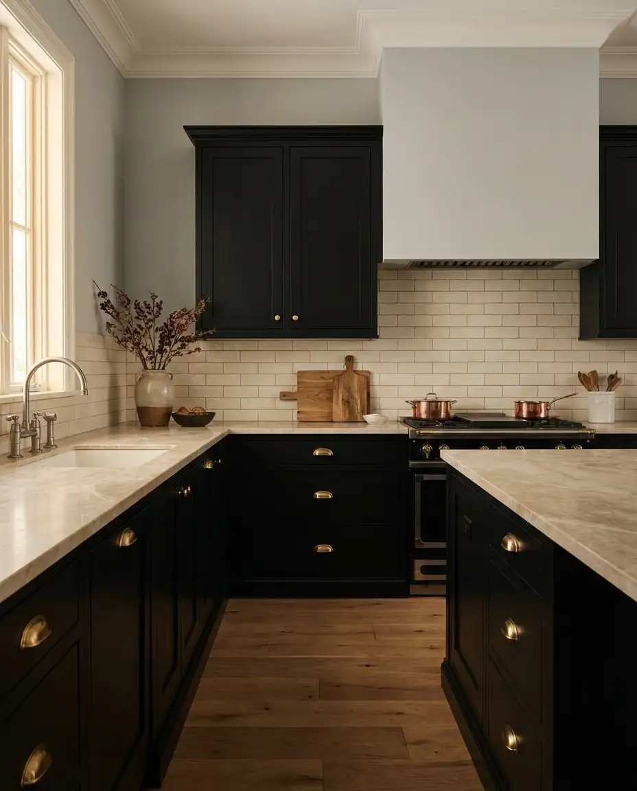 Black Cabinets with Beige and Soft Neutrals 1