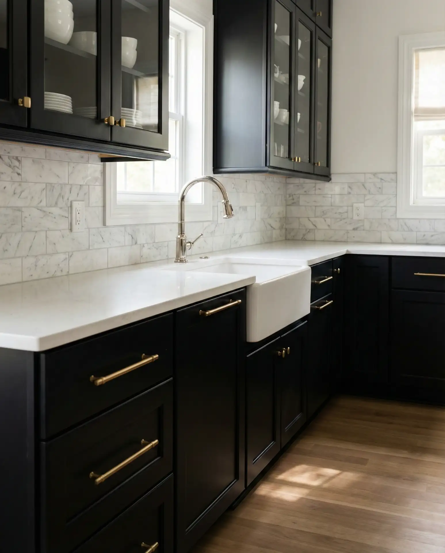 Black Cabinets with Gold Handles in Transitional Style 1