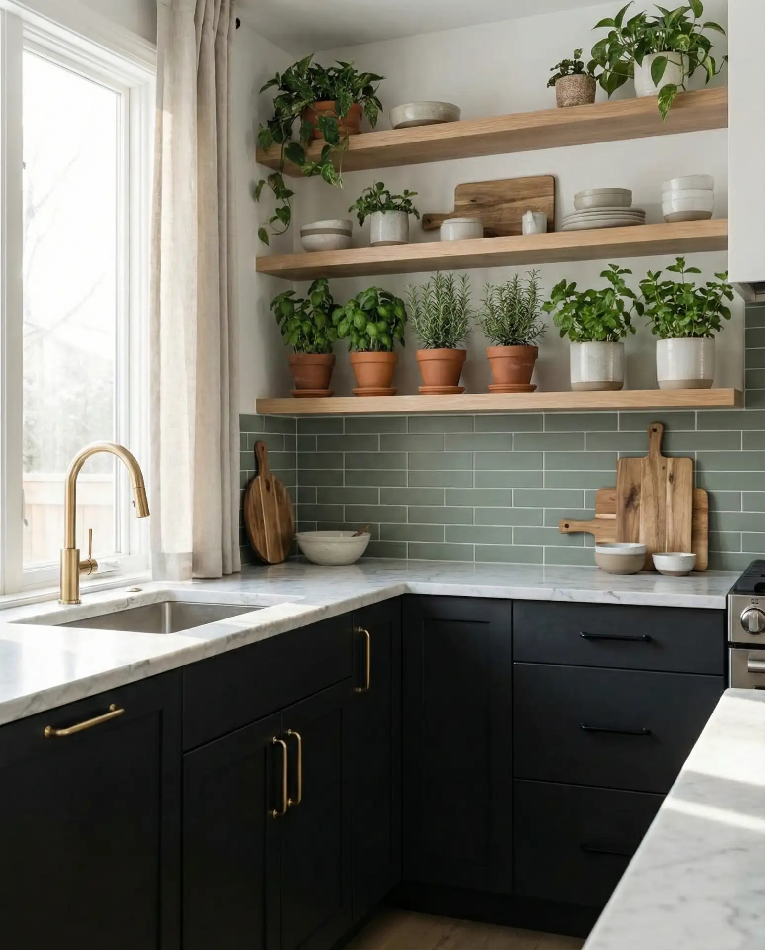 Black Cabinets with Green and Natural Elements 1