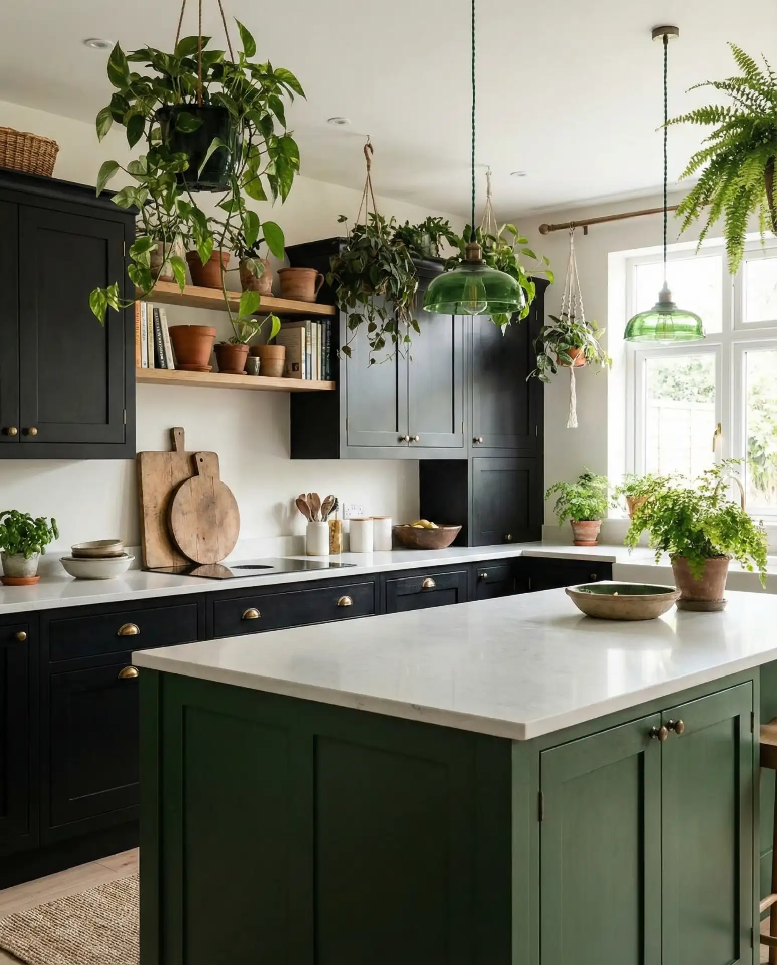 Black Cabinets with Green and Natural Elements 2