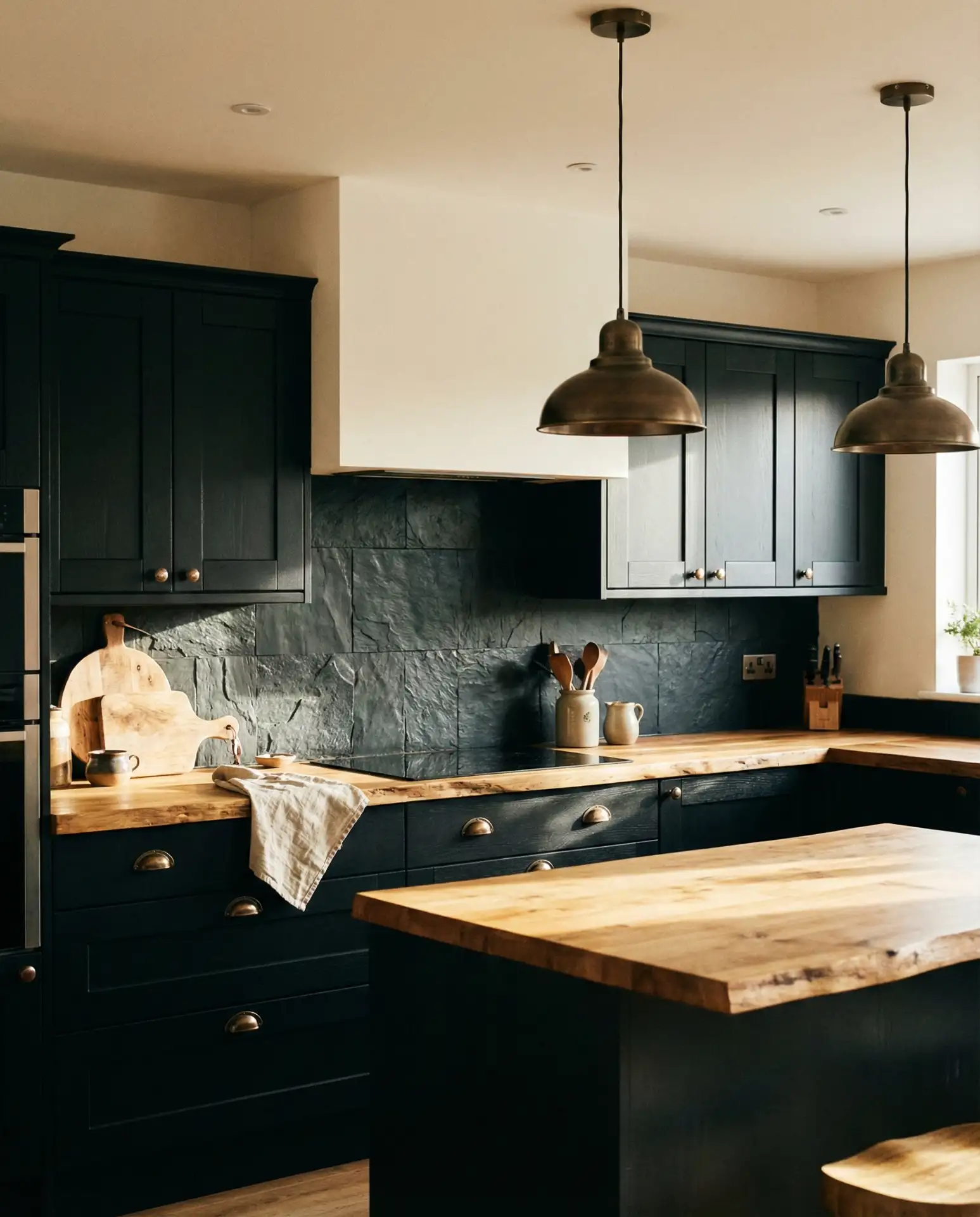 Black Cabinets with Natural Stone Backsplash 1