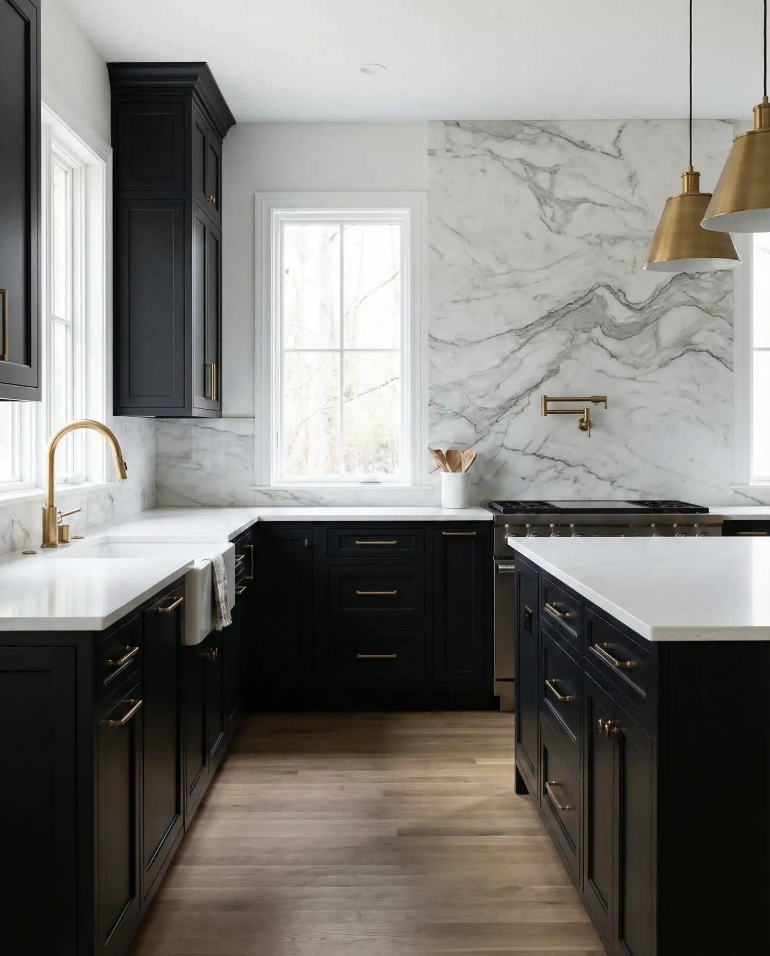 Black Cabinets with Natural Stone Backsplash 2