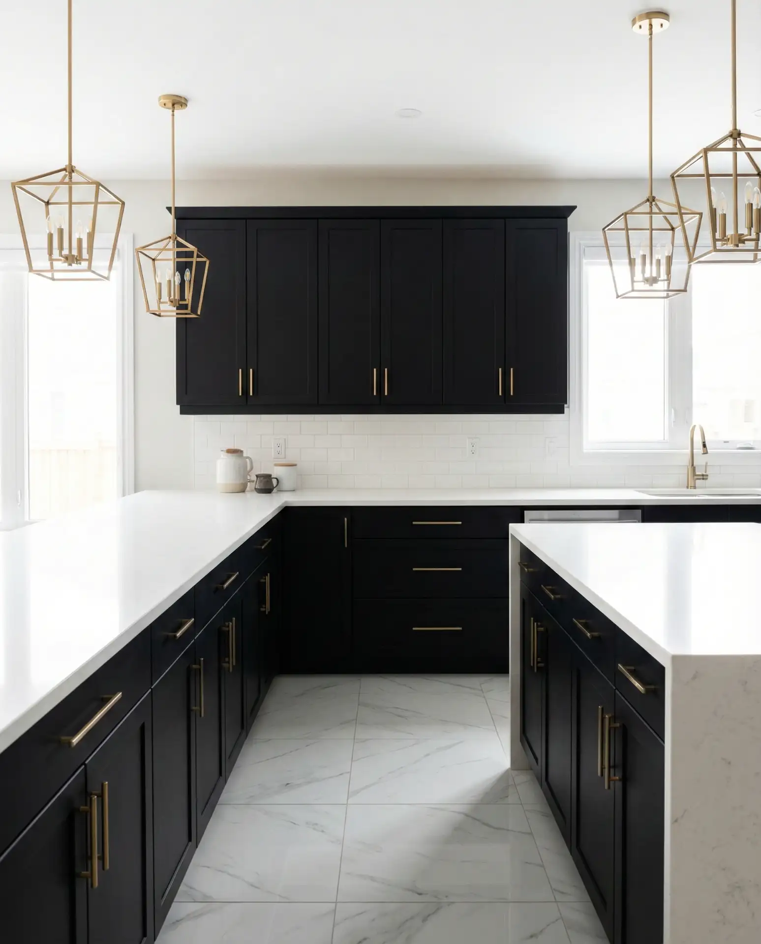 Black Cabinets with White Countertops and Gold Hardware 1