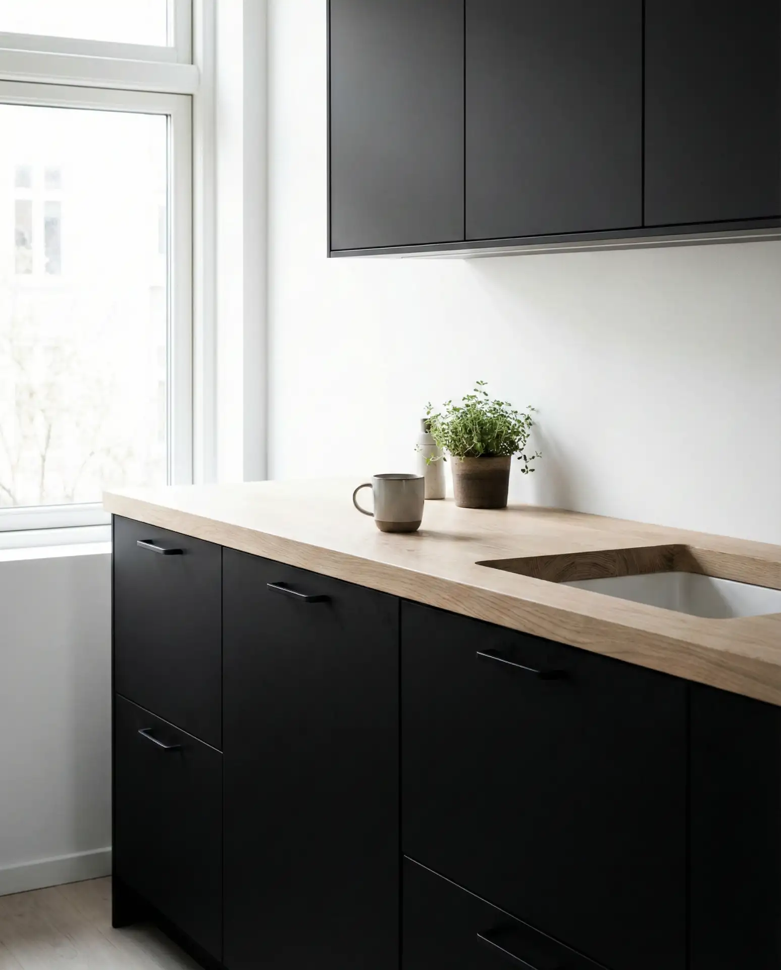 Black Cabinets with White Oak Countertops 1