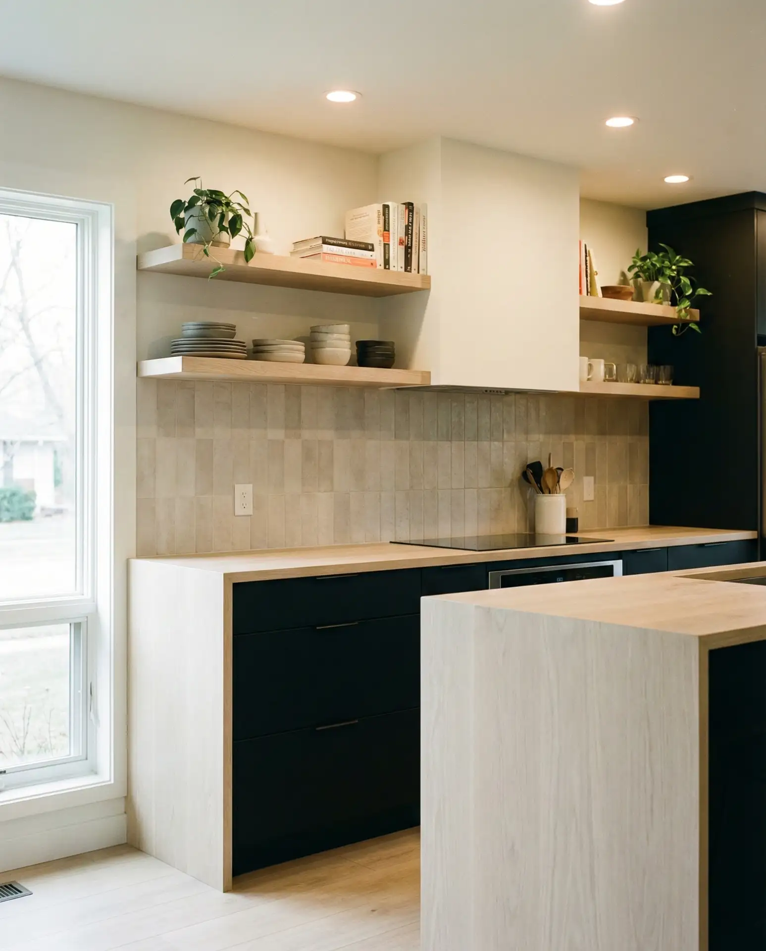Black Cabinets with White Oak Countertops 2