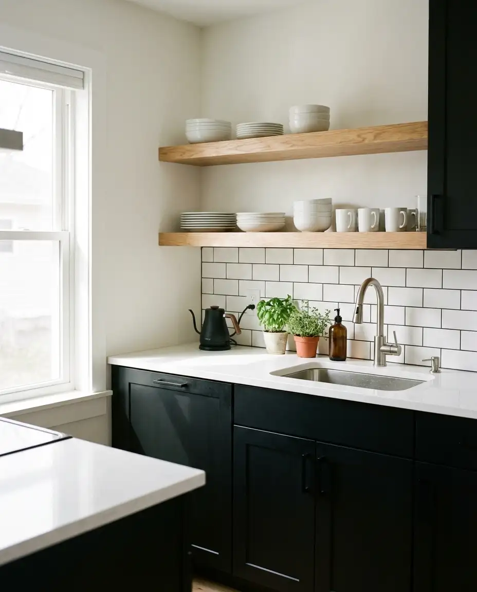 Black Lower Cabinets with Open Upper Shelving 1
