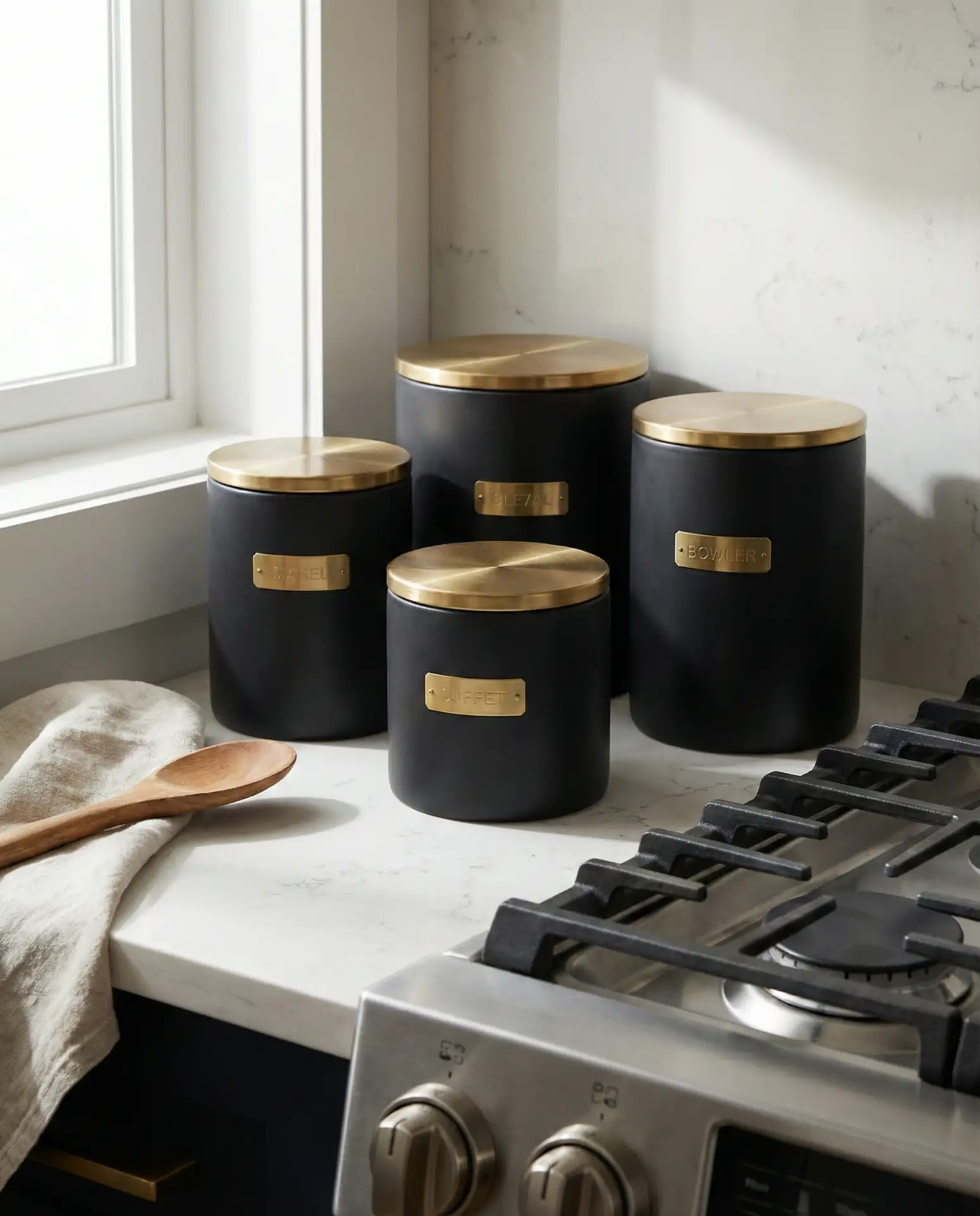 Black Matte Canisters with Gold Labels 1