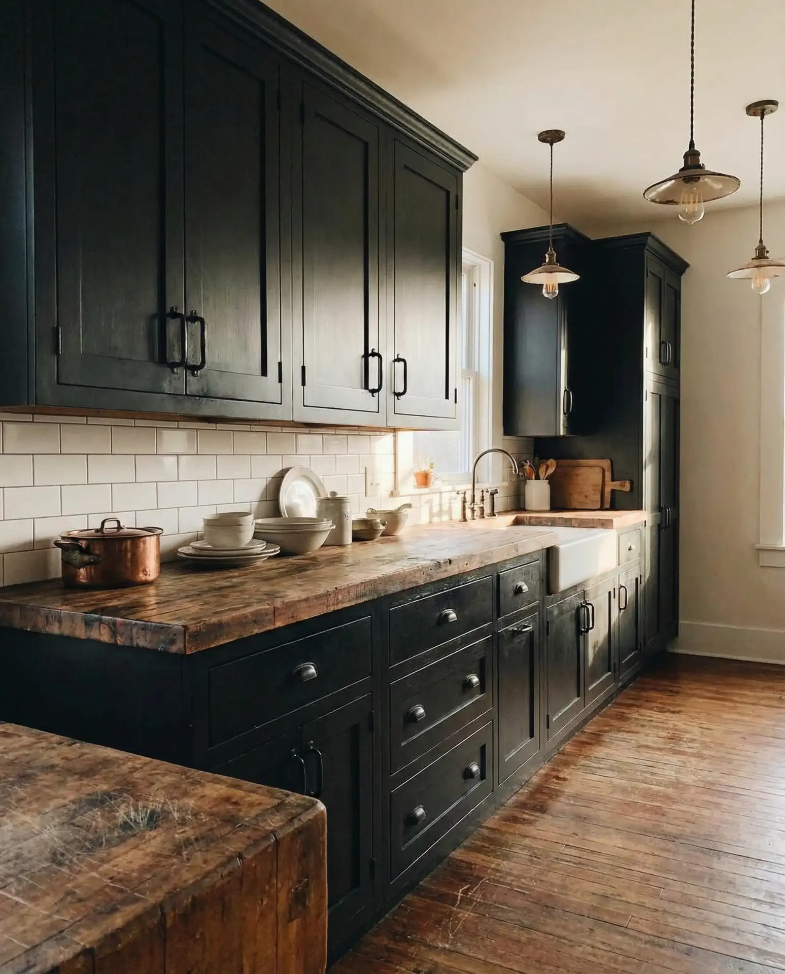Black Shaker Cabinets with Butcher Block Rustic Look 1