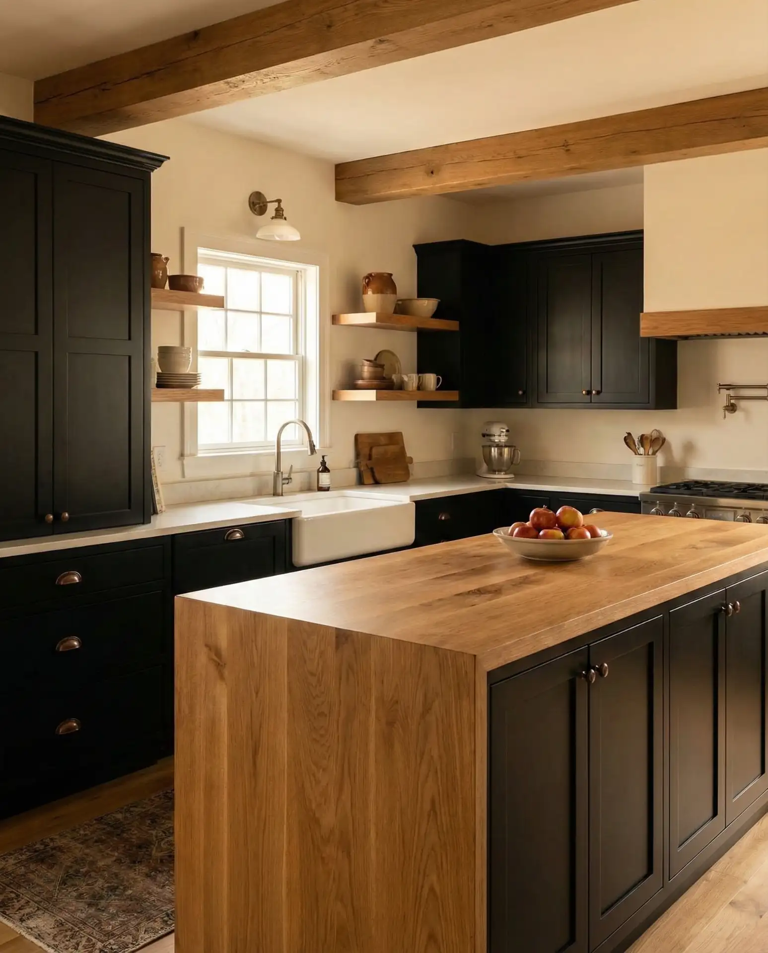 Black Shaker Cabinets with Butcher Block Rustic Look 2