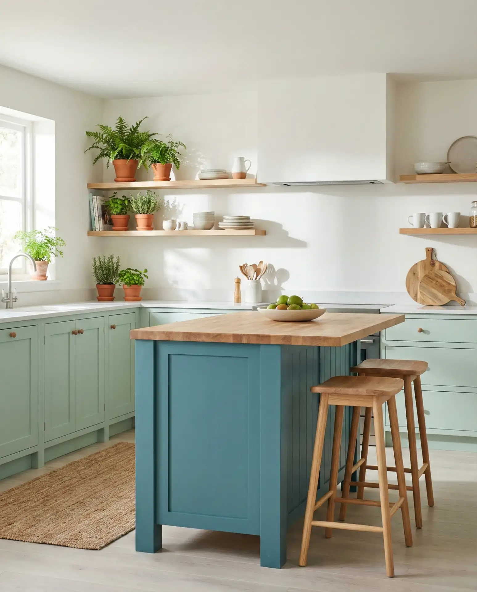 Blue and Green Kitchen with Natural Light 1