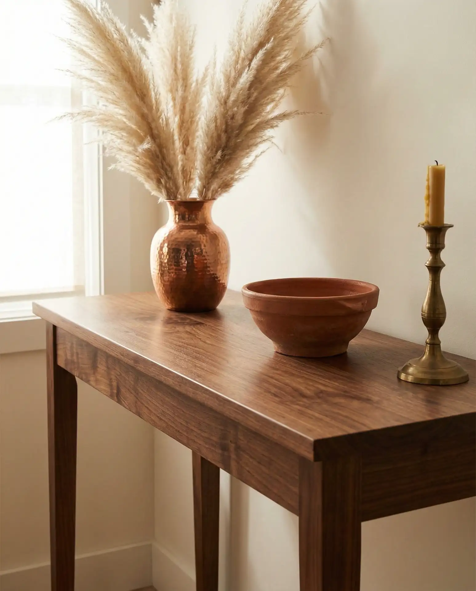 Brown Wood Entry Table with Warm Tones 1