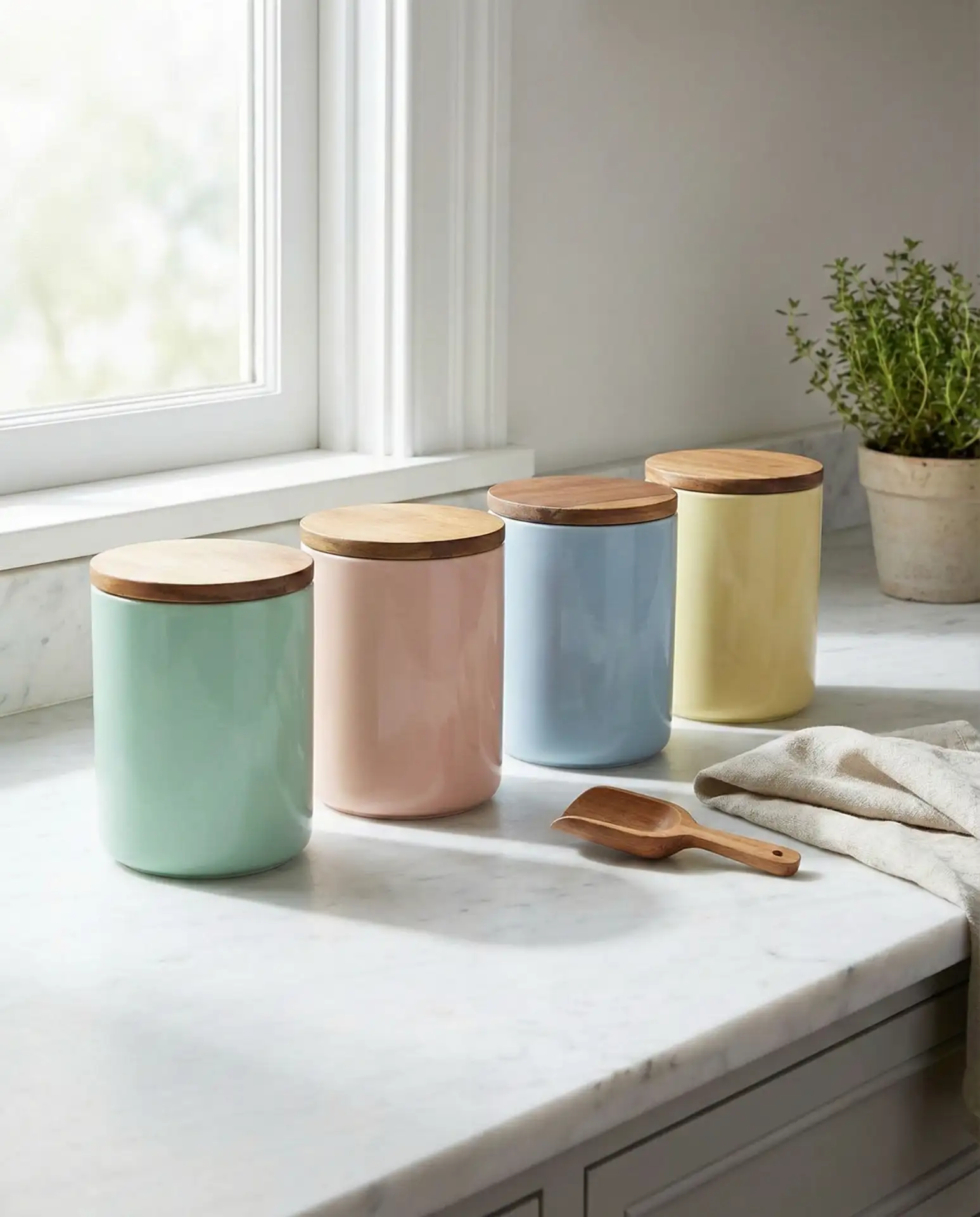 Colorful Ceramic Canisters in a Row 1
