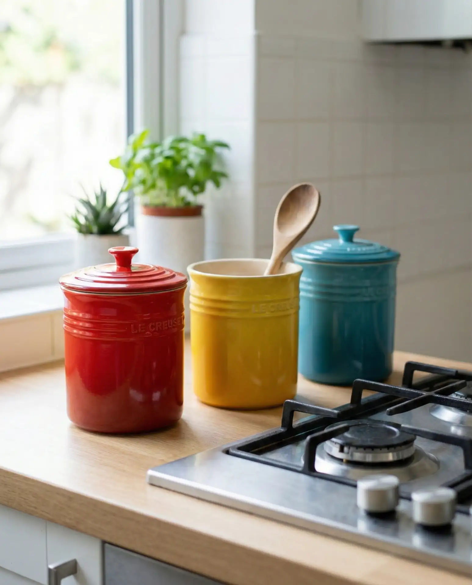 Colorful Ceramic Canisters in a Row 2