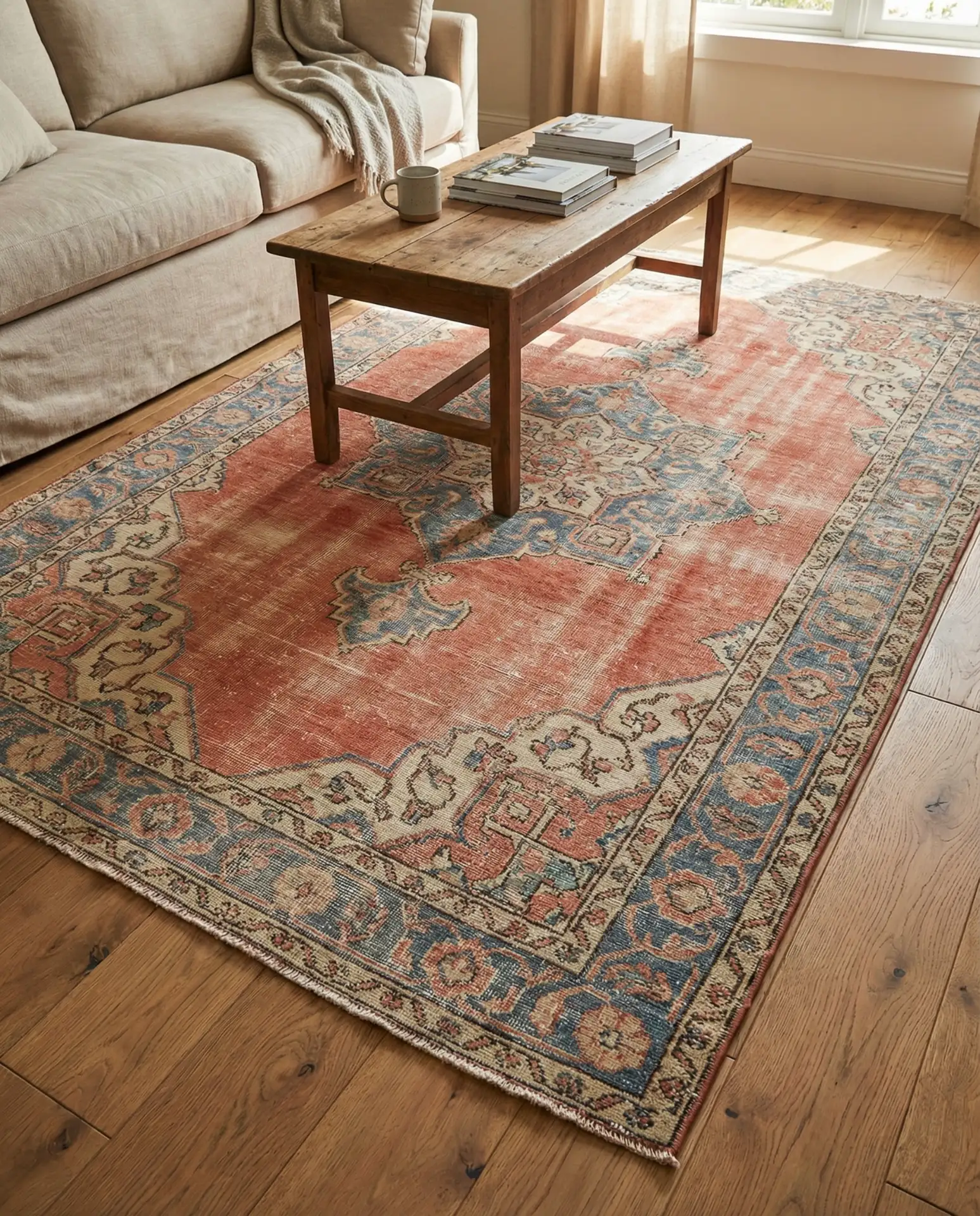 Colorful Vintage Rugs Layered on Hardwood 2