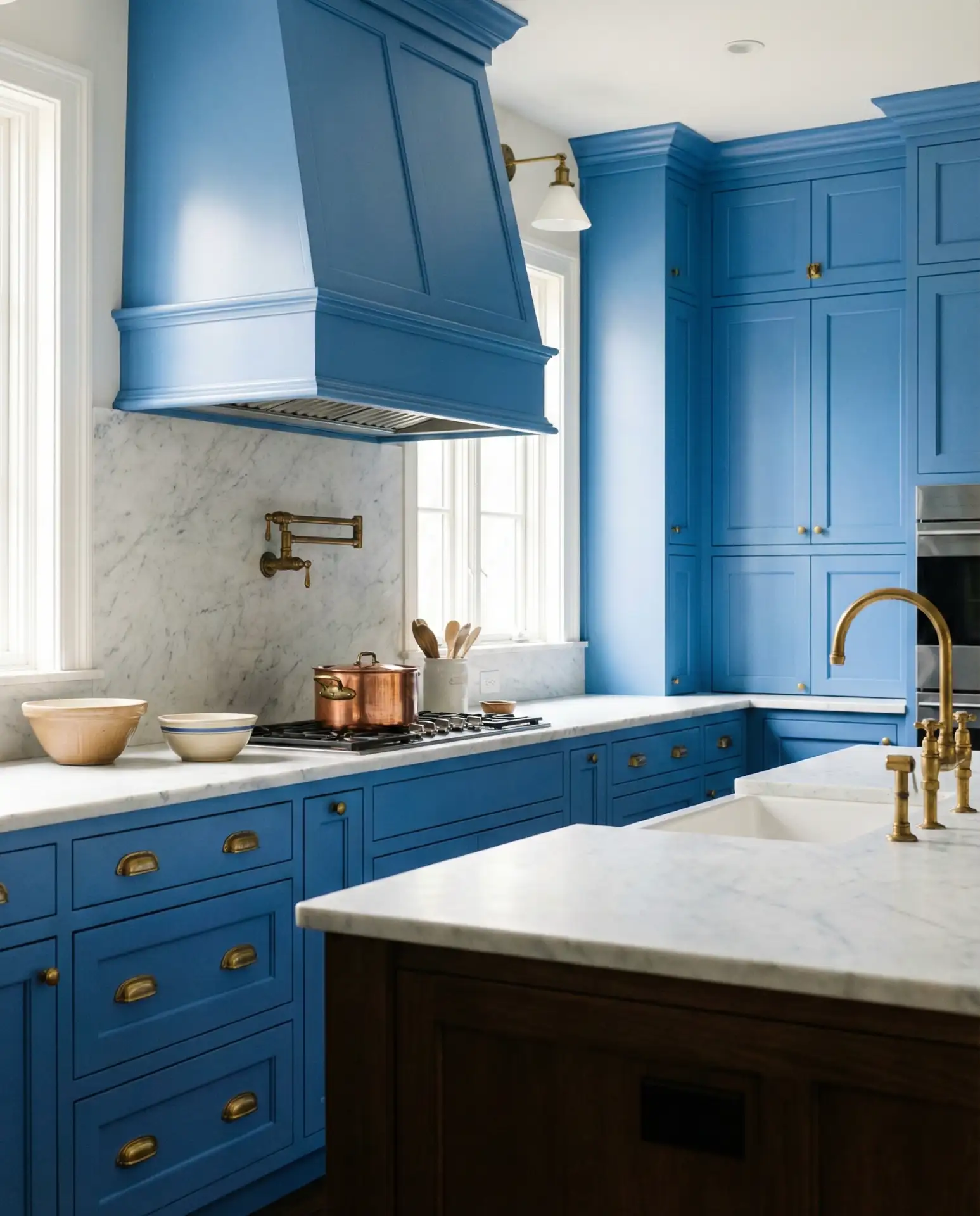 Cornflower Blue Kitchen with Brass and Marble 1