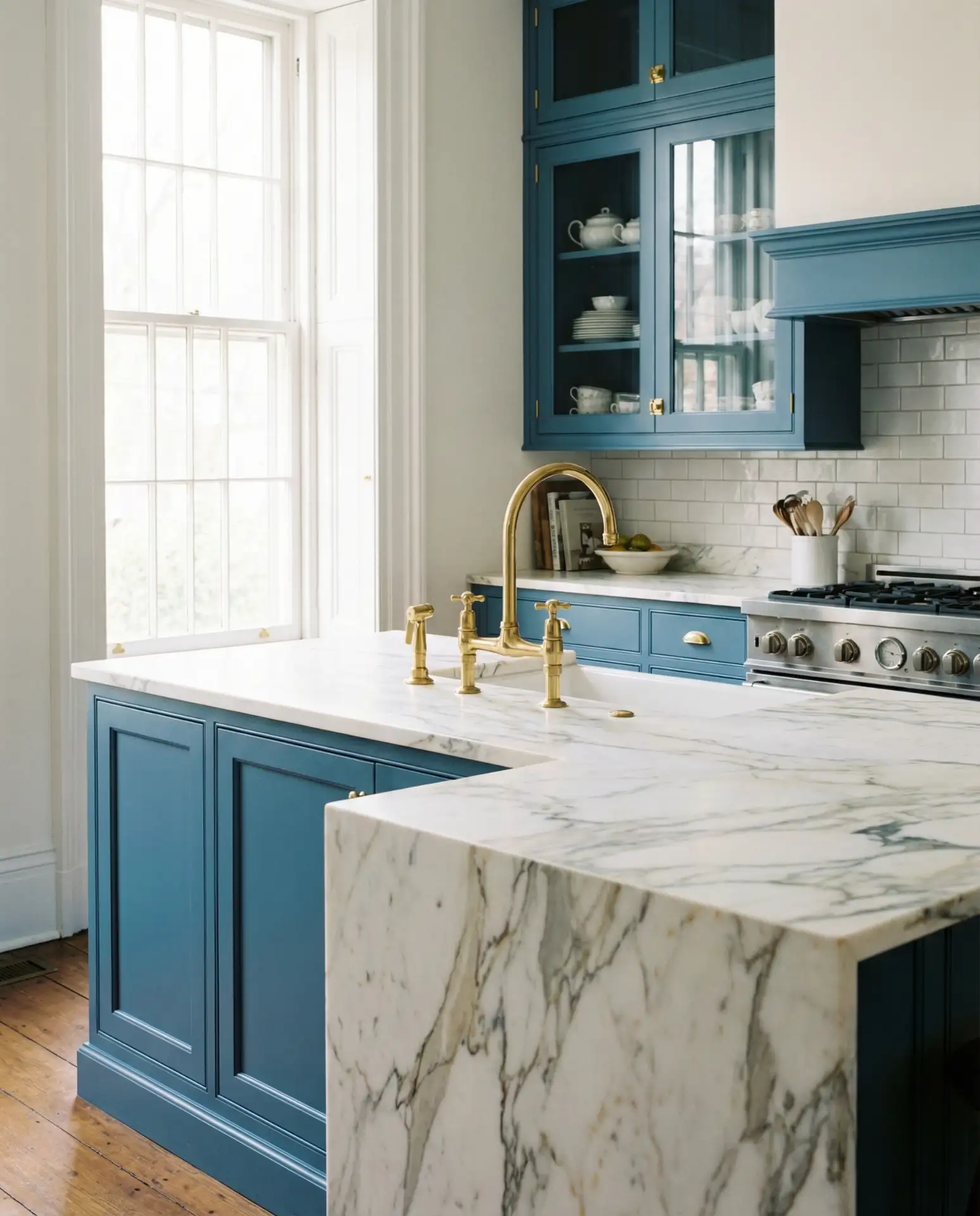 Cornflower Blue Kitchen with Brass and Marble 2