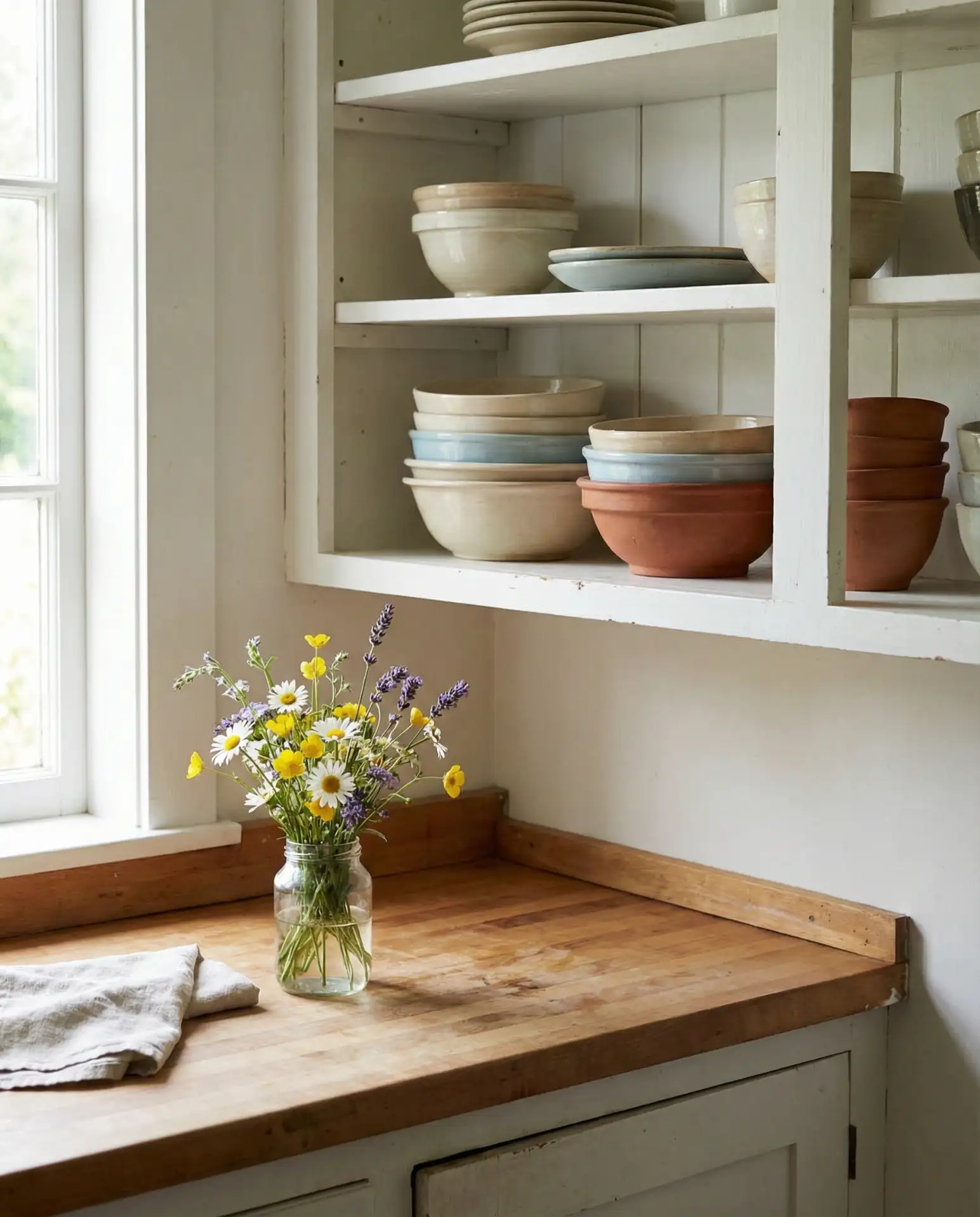 Cottage-Style Open Shelving with Stacked Bowls 1