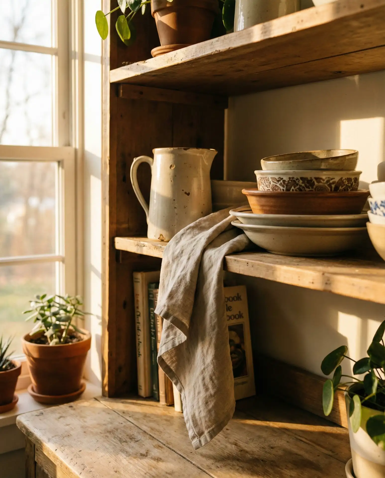 Cottage-Style Open Shelving with Stacked Bowls 2