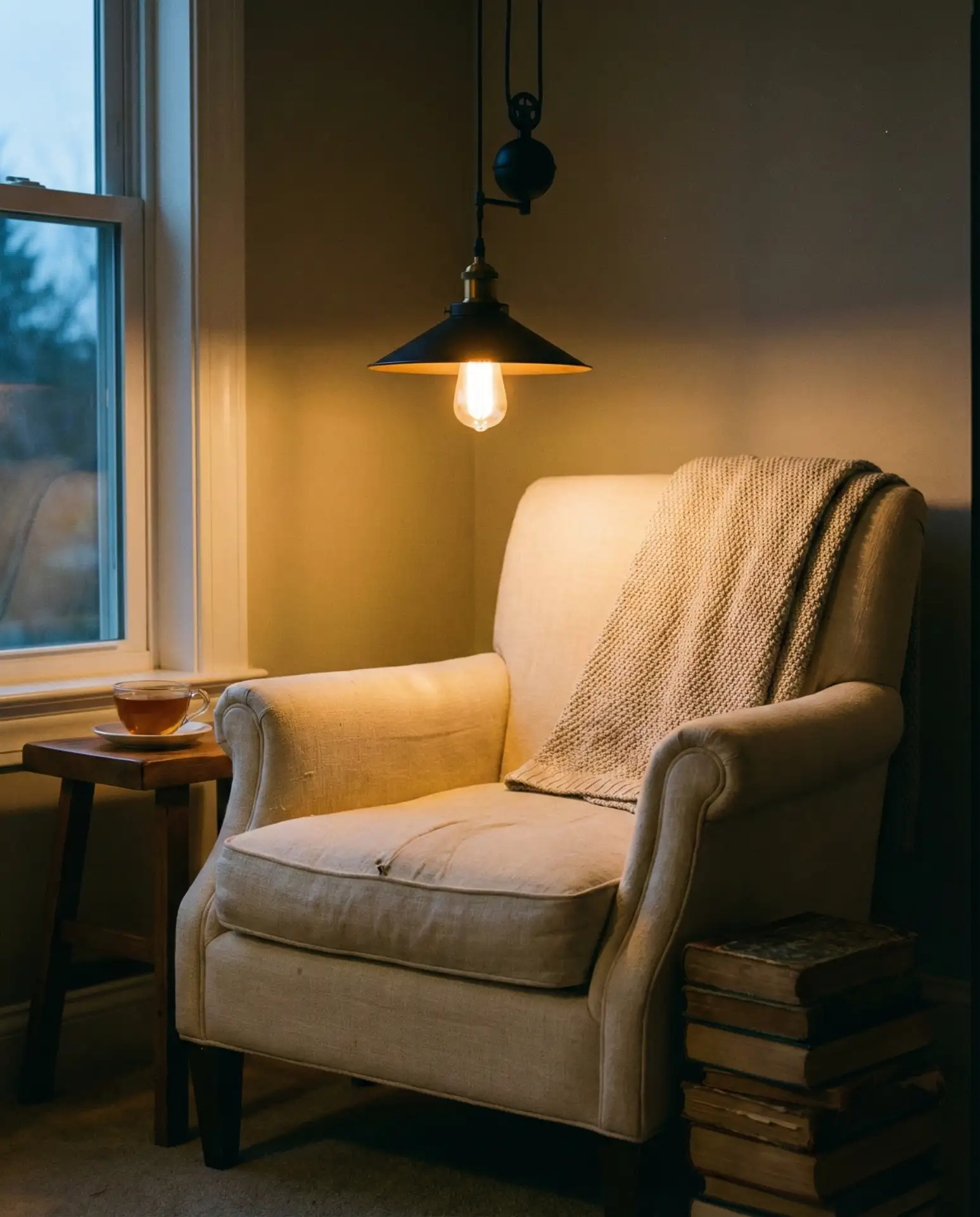 Cozy Reading Nook with Overhanging Lamp 1