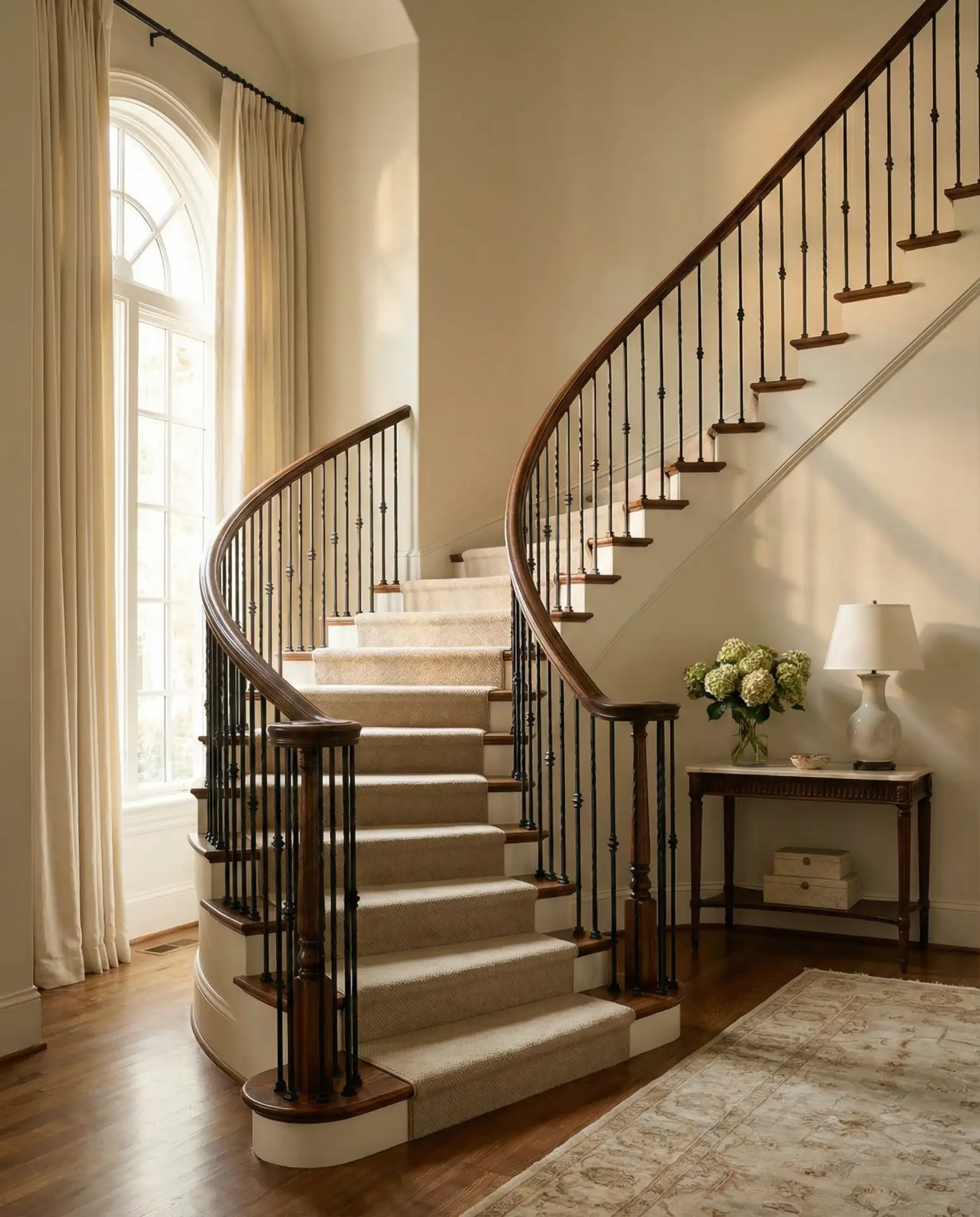 Curved Staircase with Wrought Iron Balusters 2
