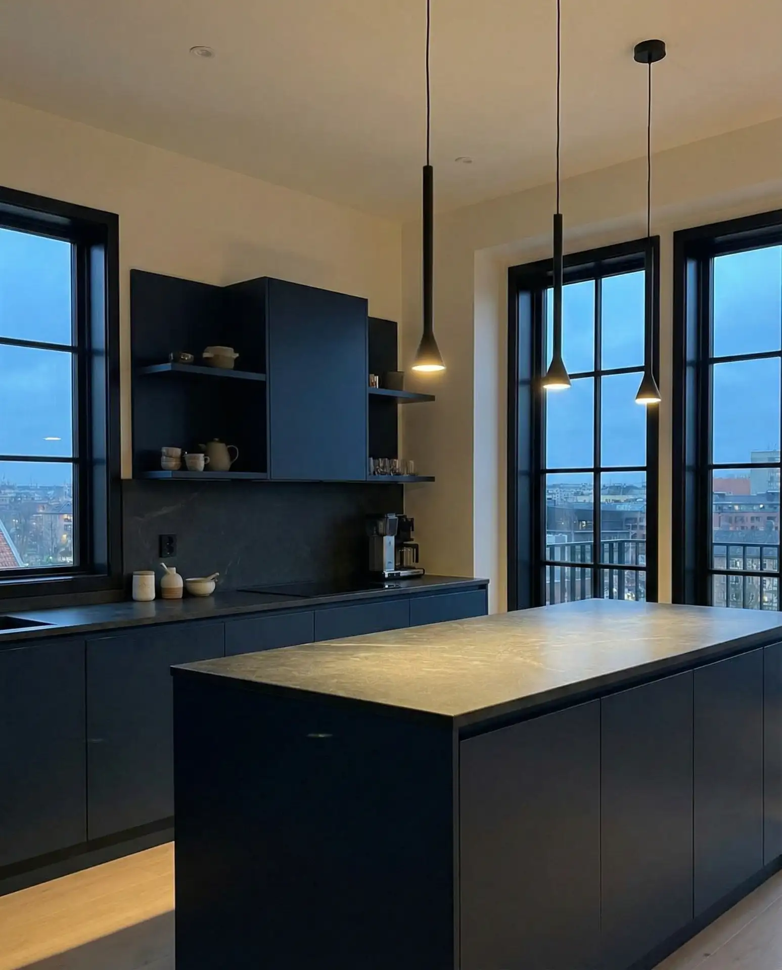 Dark Moody Blue Kitchen with Black Accents 1