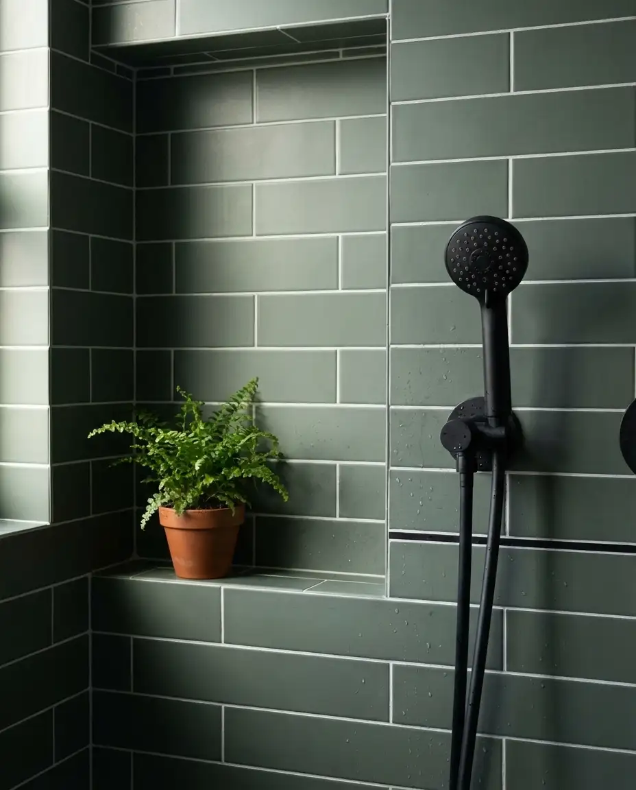 Dark Sage Subway Tile Shower 1