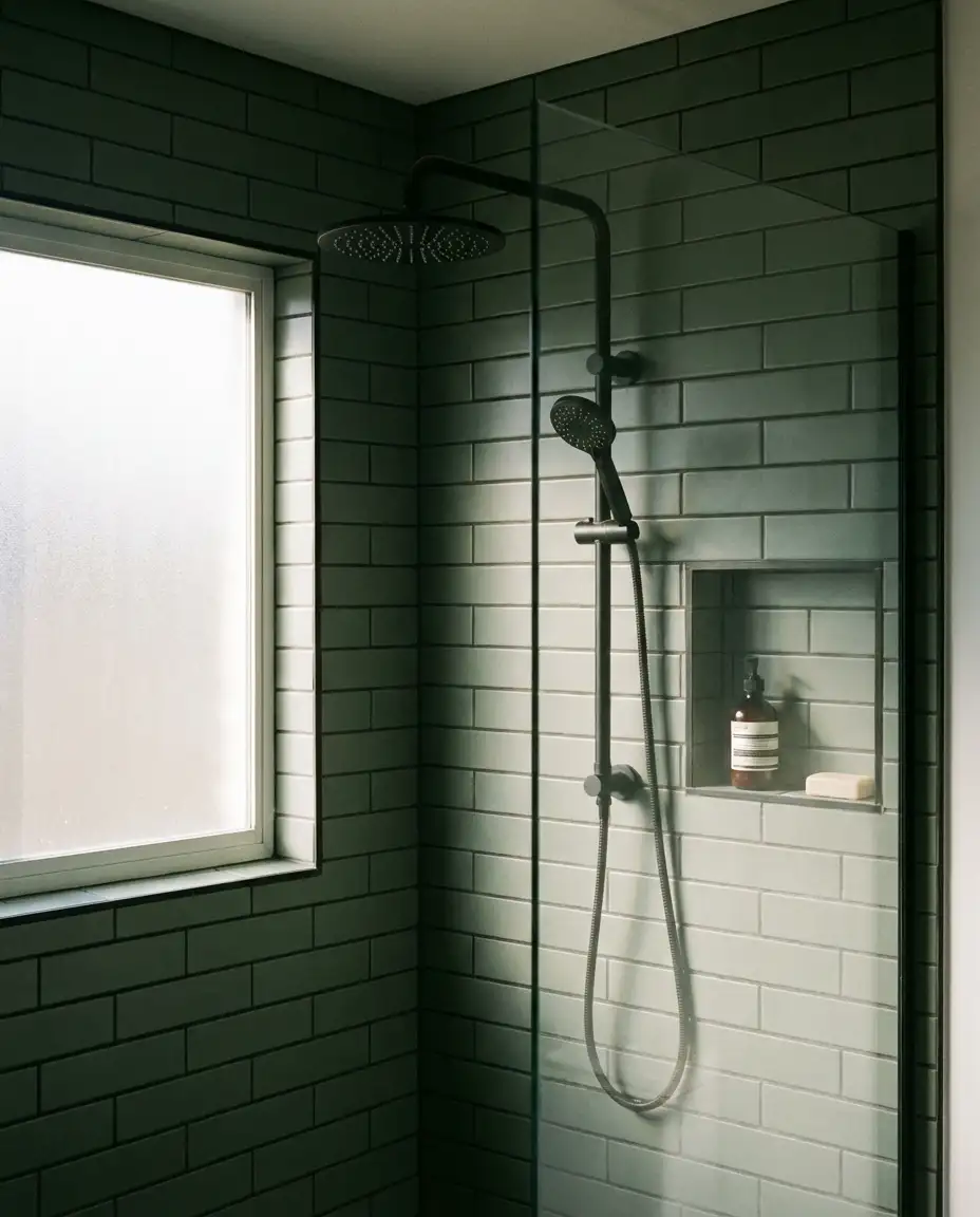 Dark Sage Subway Tile Shower 2