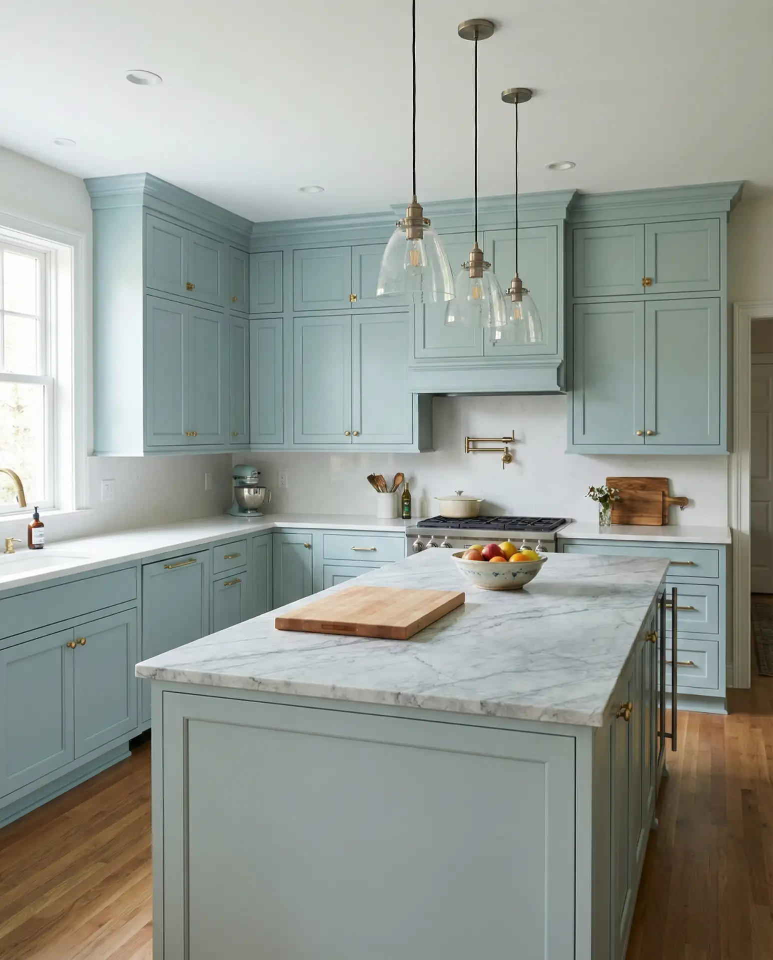 Duck Egg Blue Kitchen with Marble Countertops 2