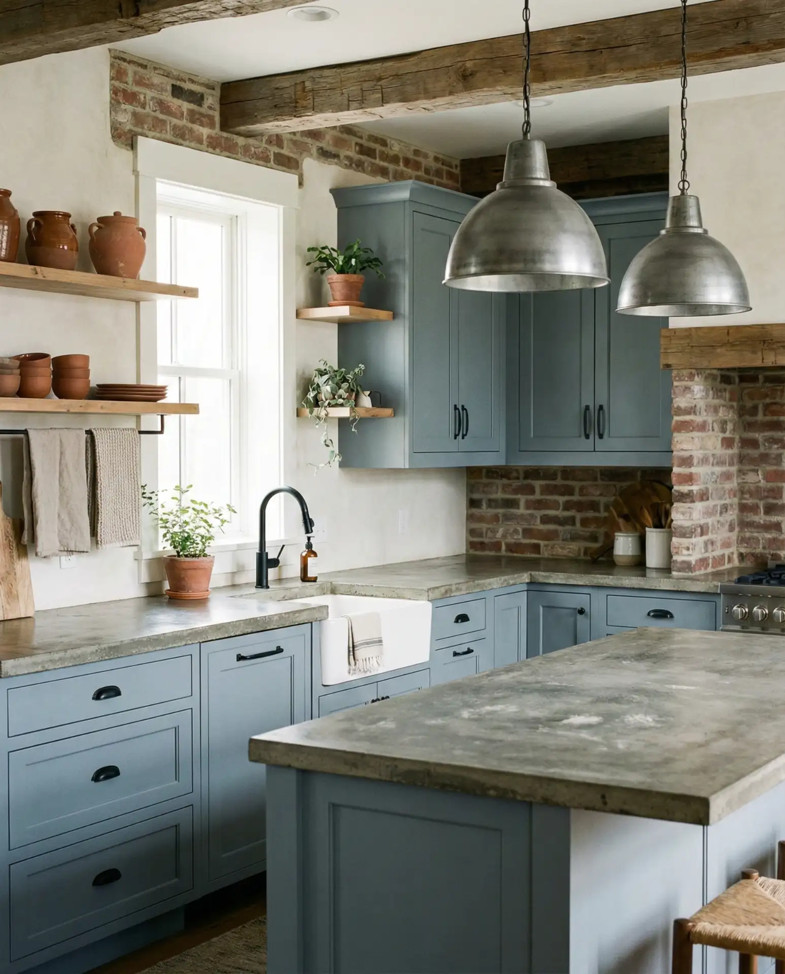 Dusty Blue Kitchen with Concrete Counters 1