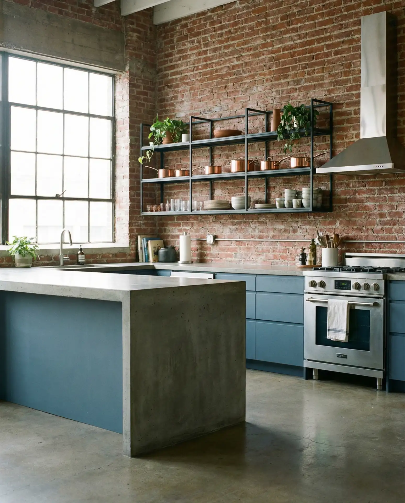 Dusty Blue Kitchen with Concrete Counters 2