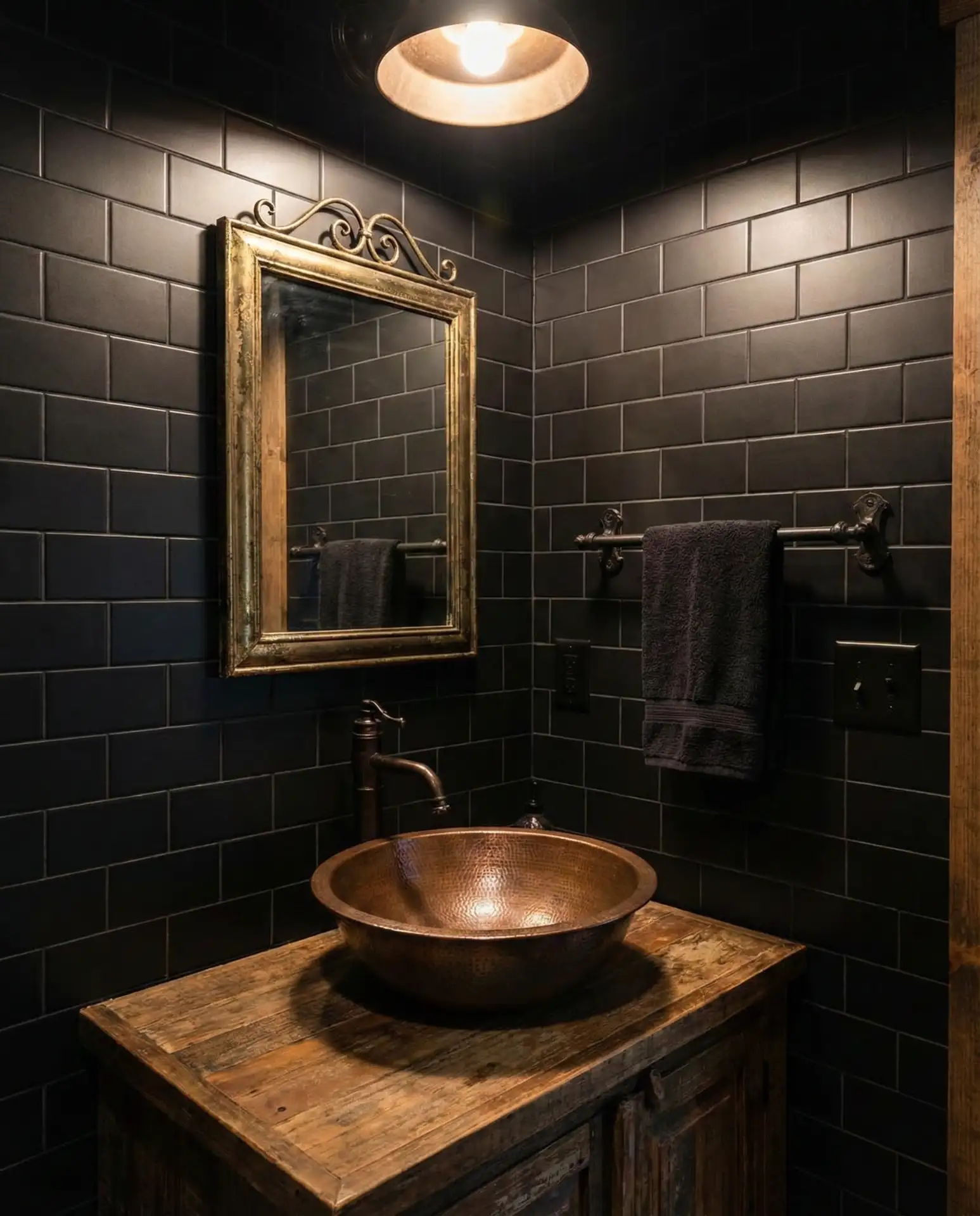 Edgy Western Bathroom with Black Tile and Iron 1
