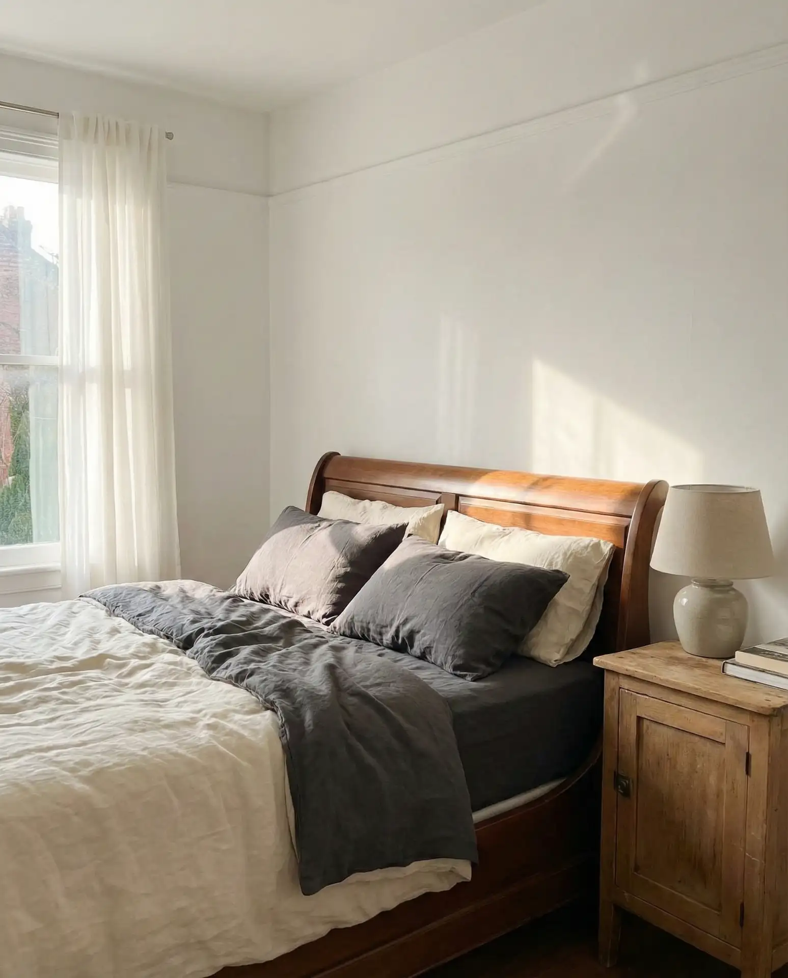 Farmhouse-Style Master Bedroom with Linen Bedding 1