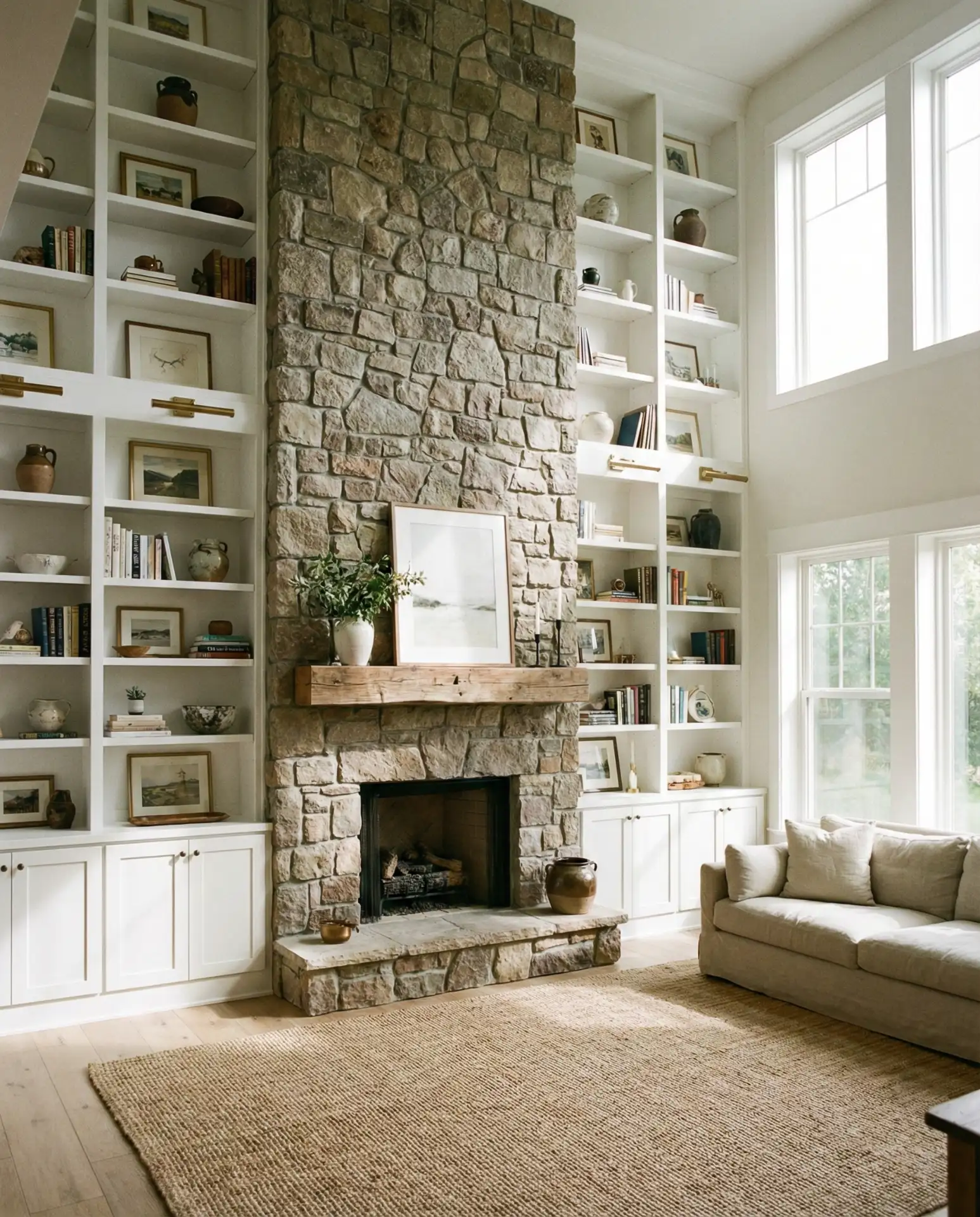 Fireplace with Tall Ceiling Shelving 1