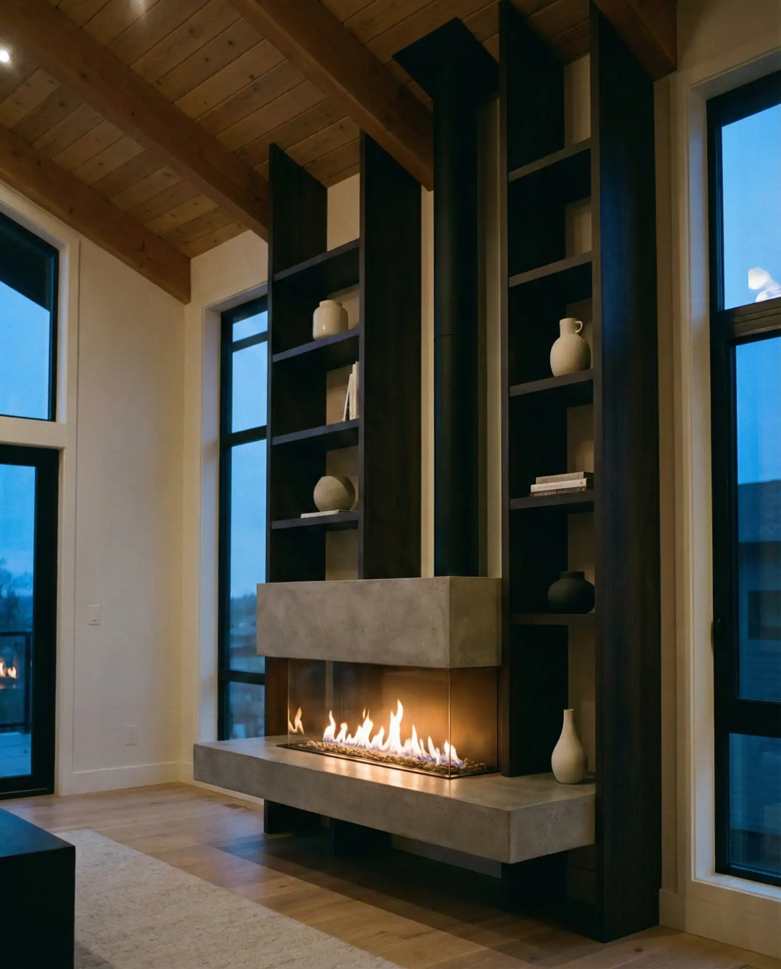 Fireplace with Tall Ceiling Shelving 2