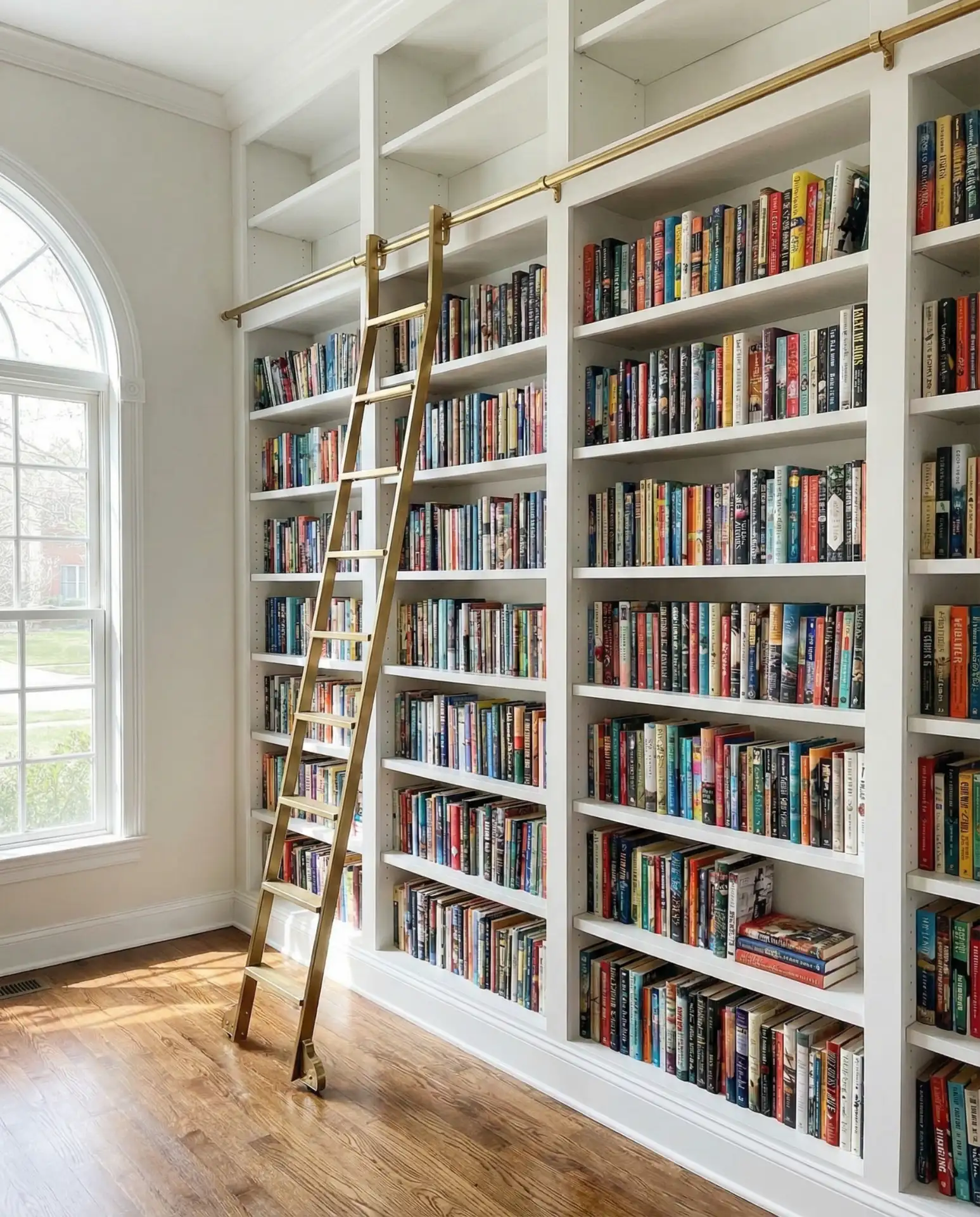 Floor-to-Ceiling Built-In Shelving with Rolling Ladder 1