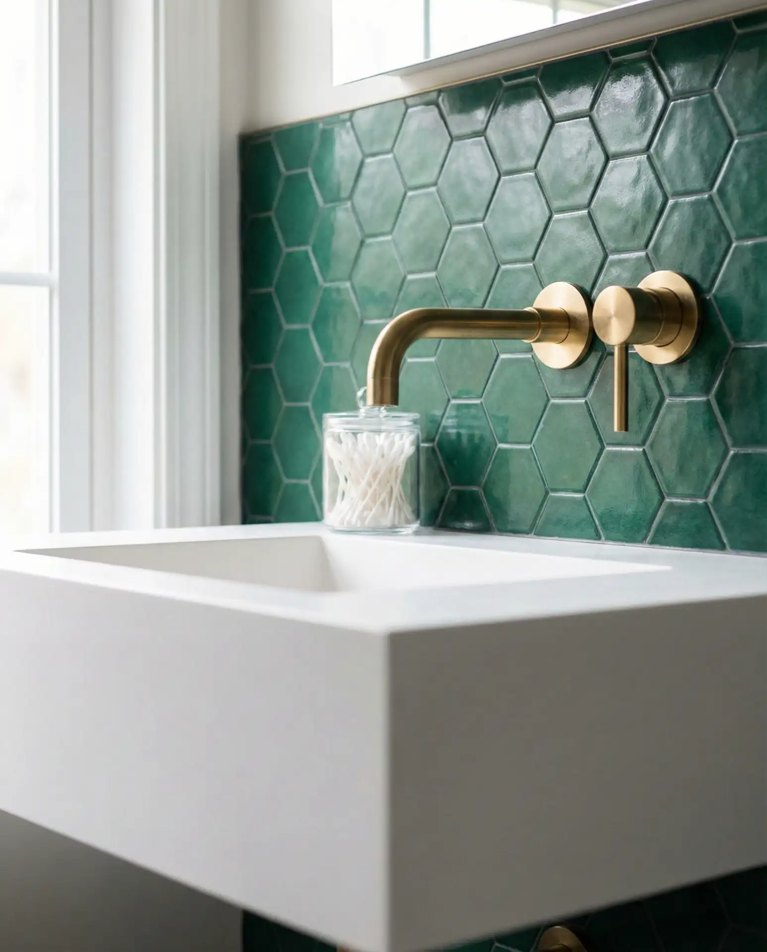 Green Tile Backsplash Behind Floating Vanity 1