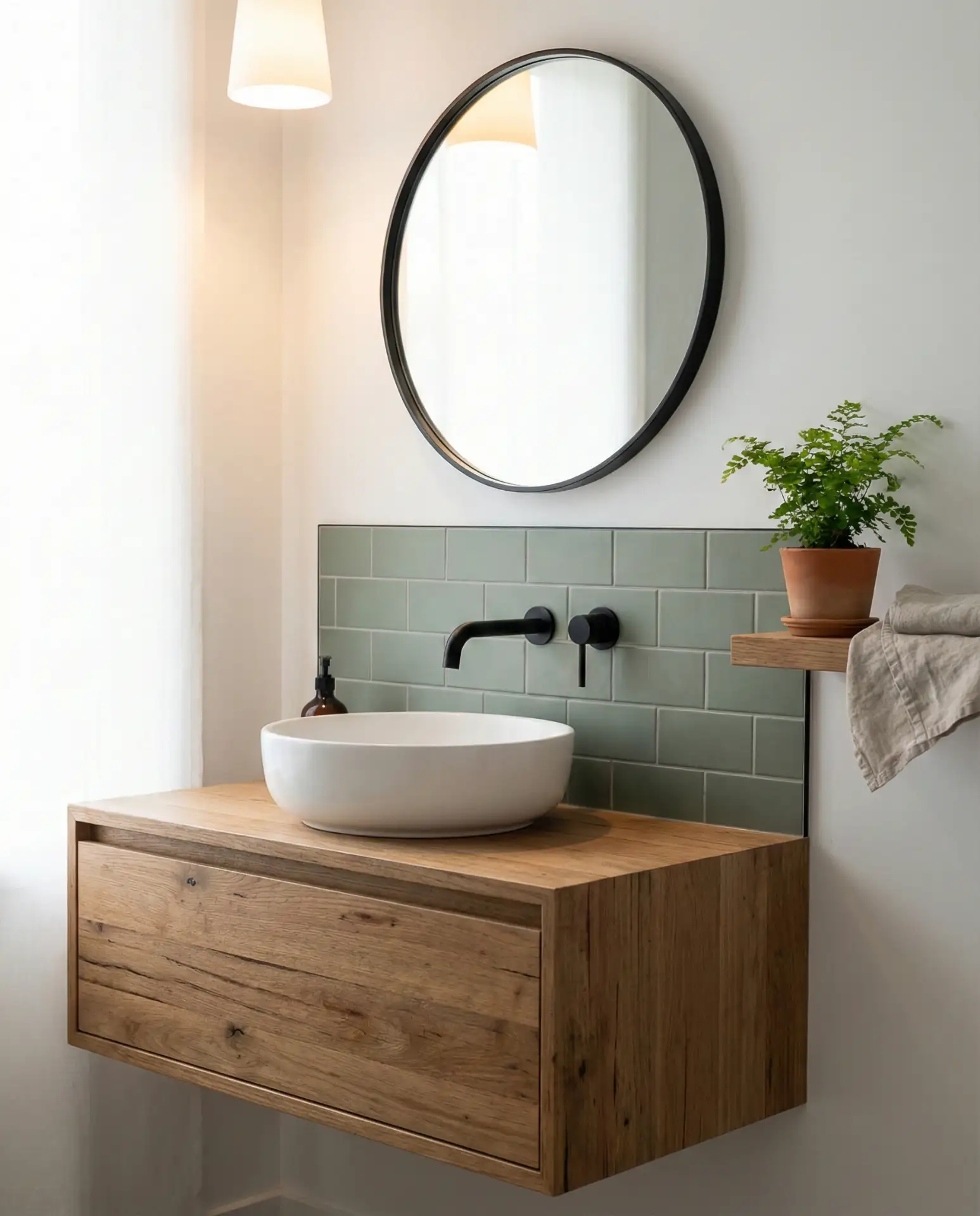 Green Tile Backsplash Behind Floating Vanity 2
