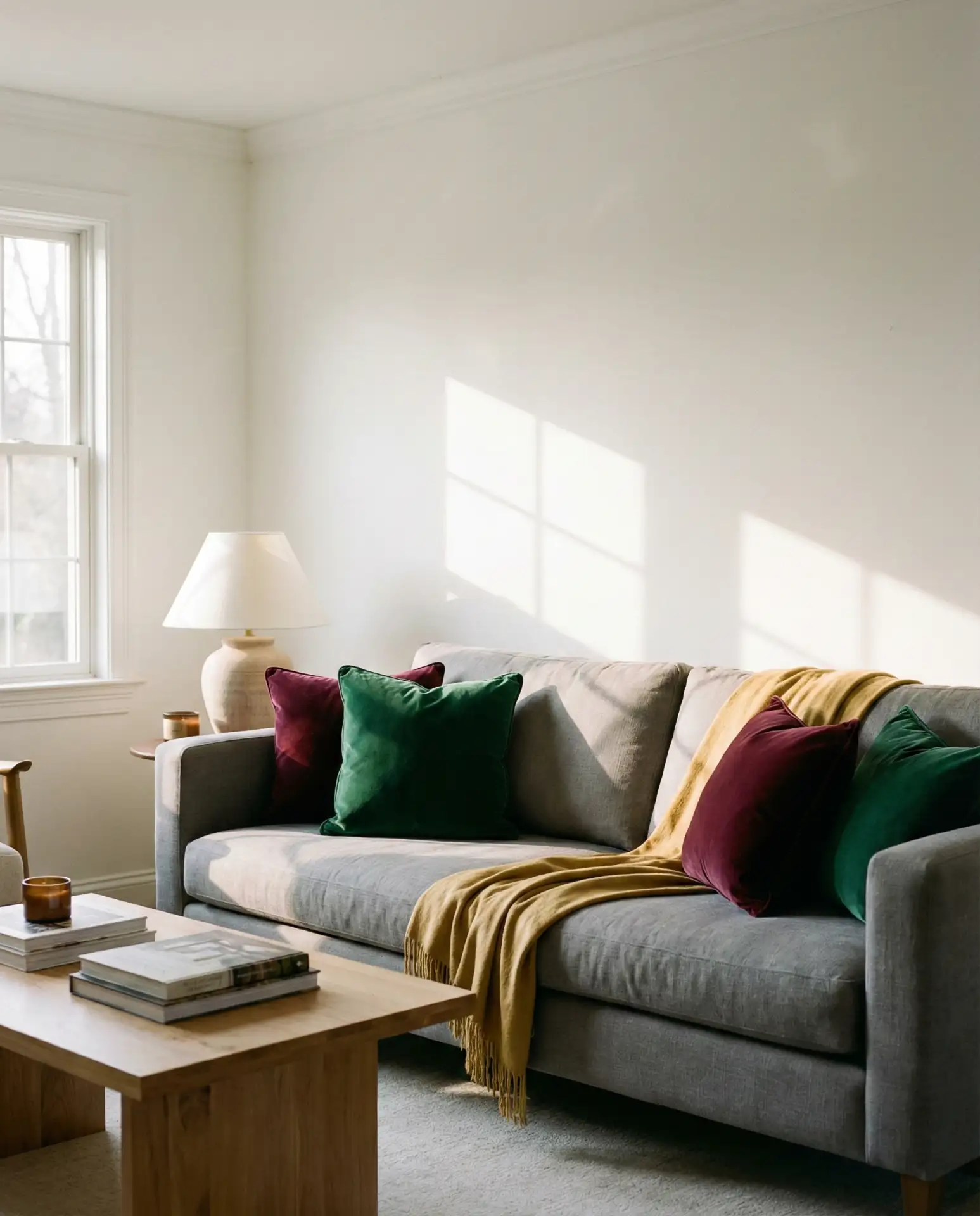 Grey Couch with Jewel-Tone Pillows 1