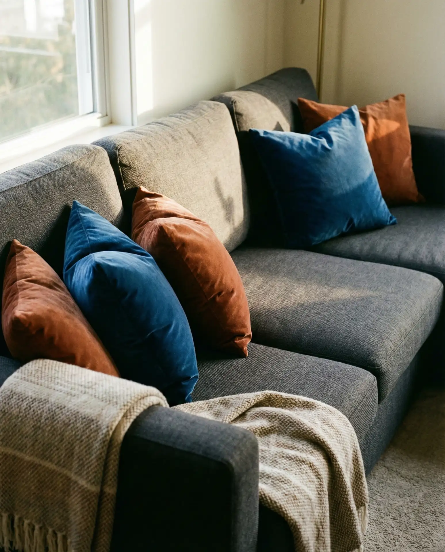 Grey Couch with Jewel-Tone Pillows 2