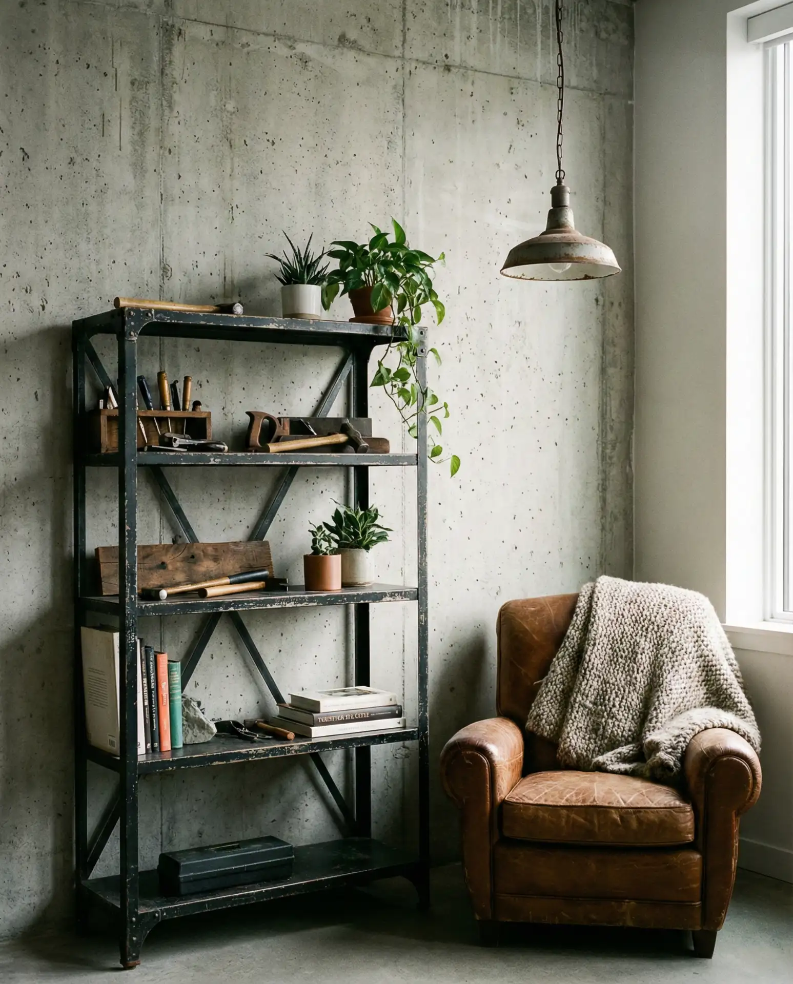 Industrial-Style Corner with Metal Shelving 1