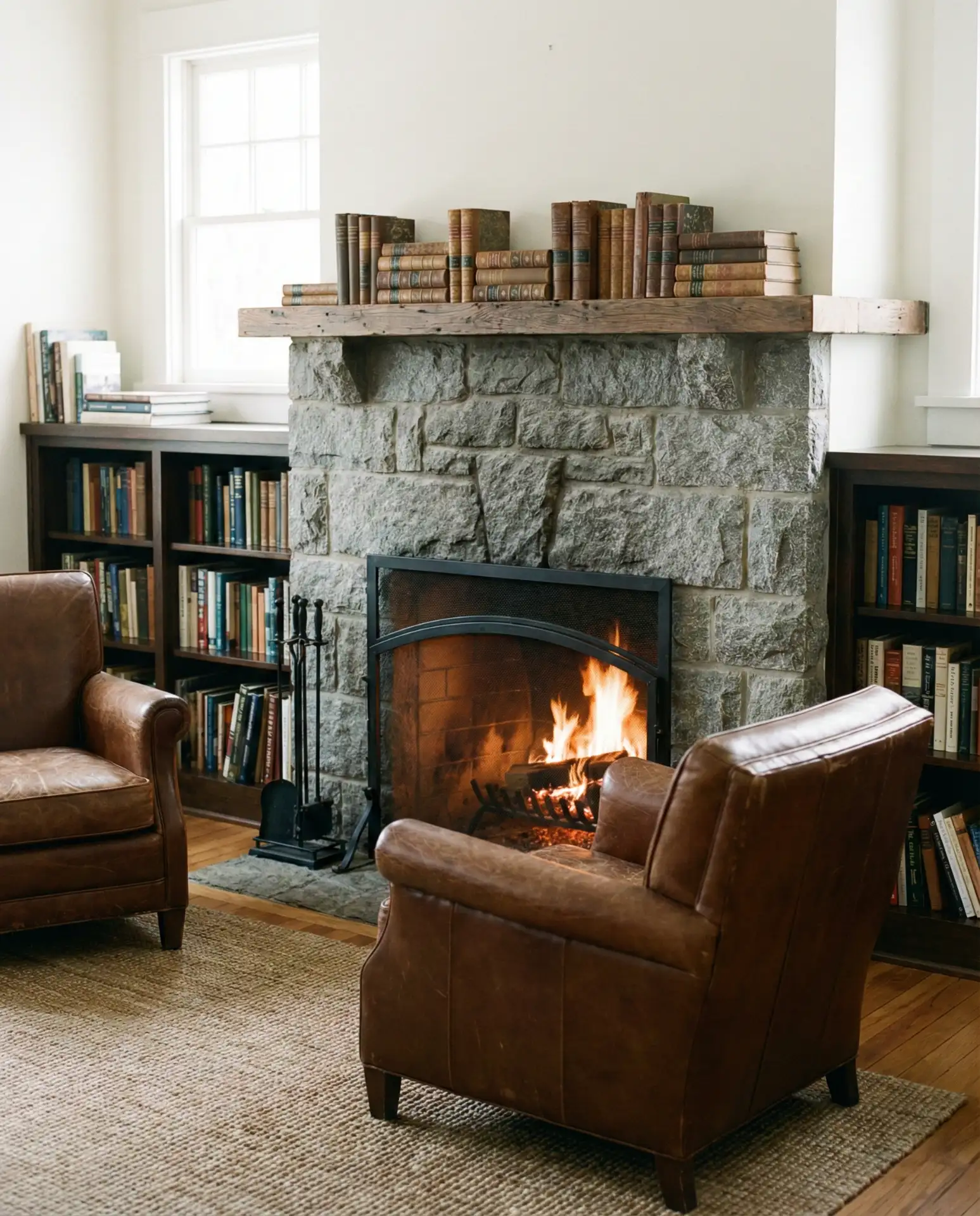 Library with Stone Fireplace 1