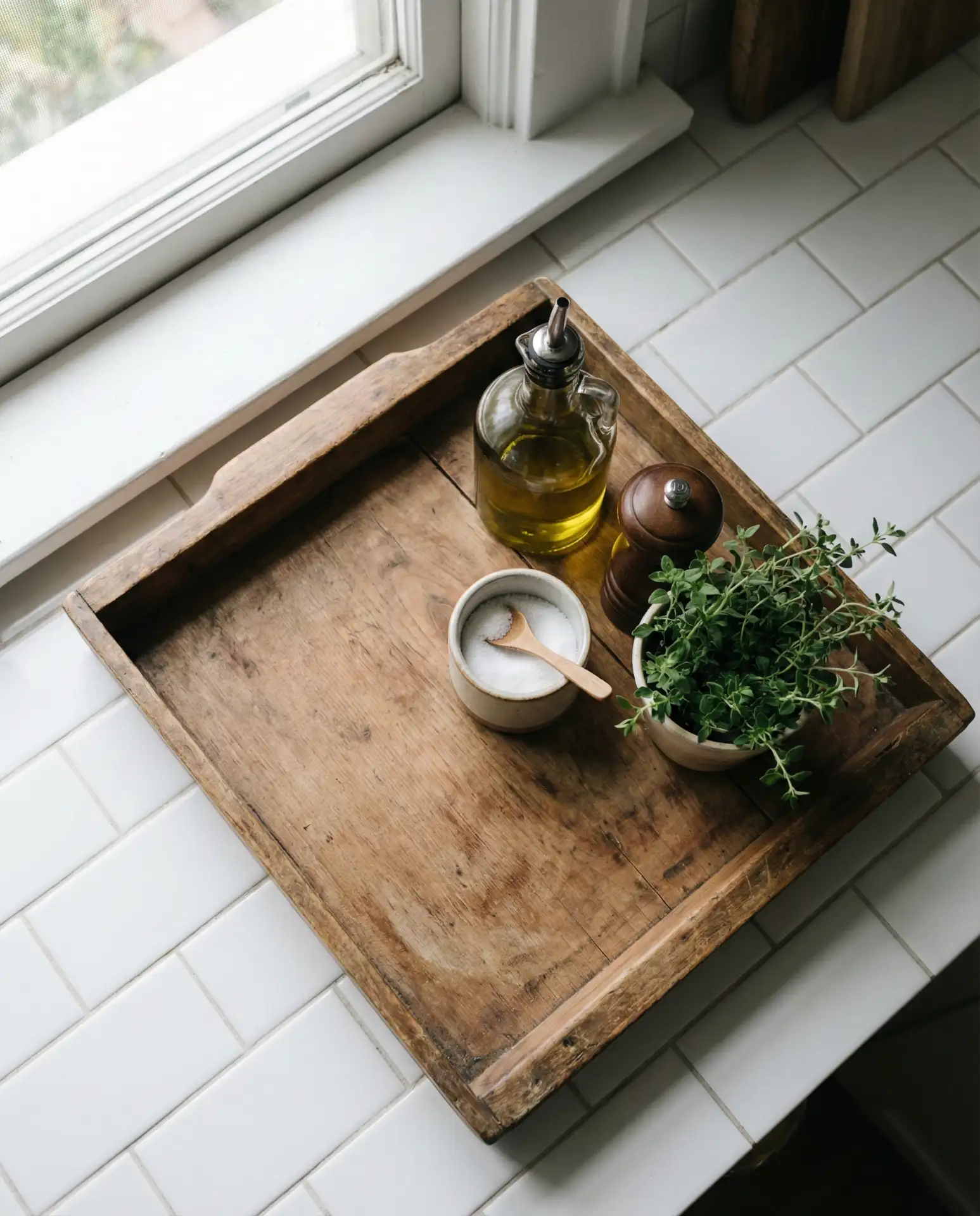 Long Wooden Tray with Grouped Essentials 2