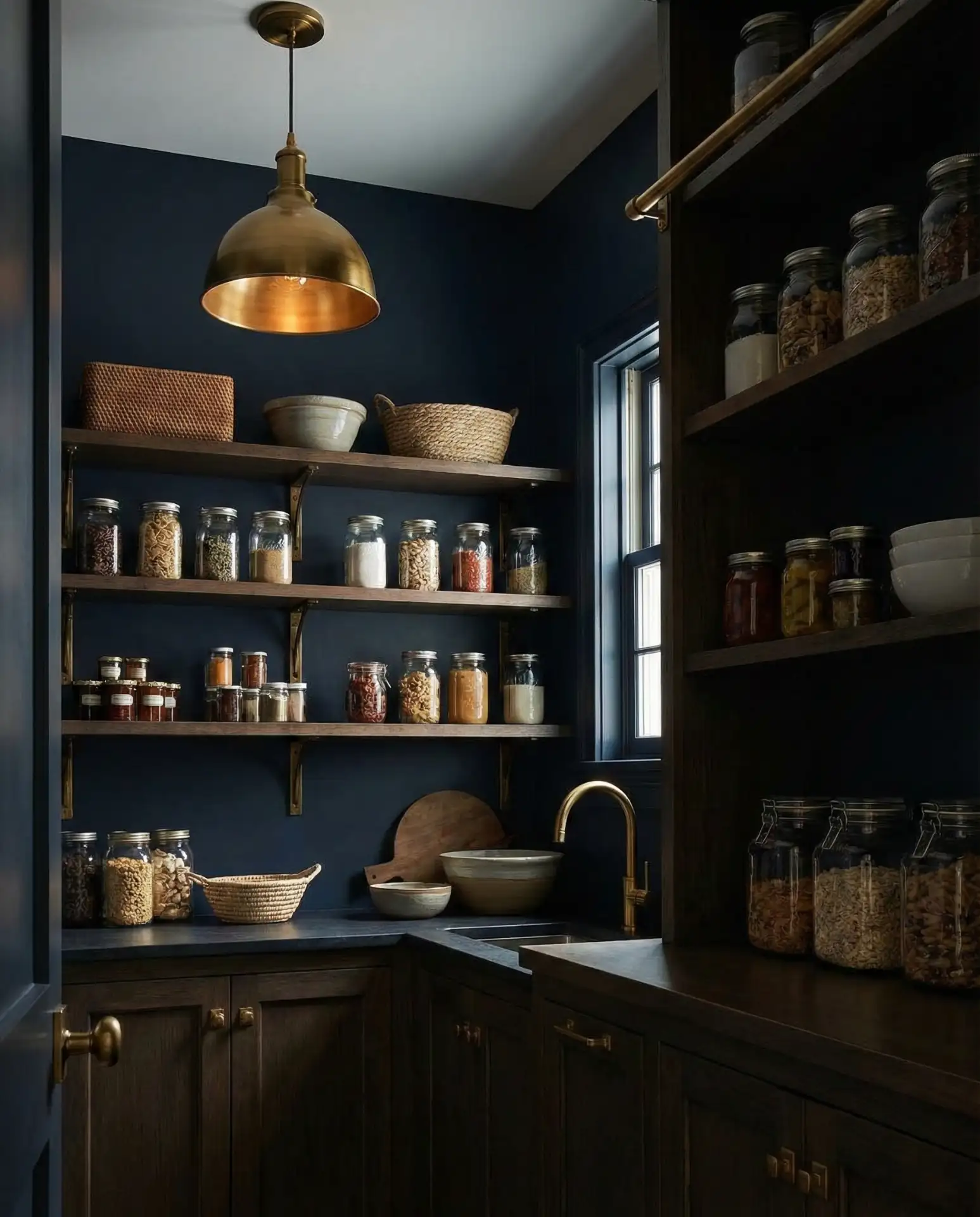 Moody Dark-Painted Pantry with Brass Accents 1