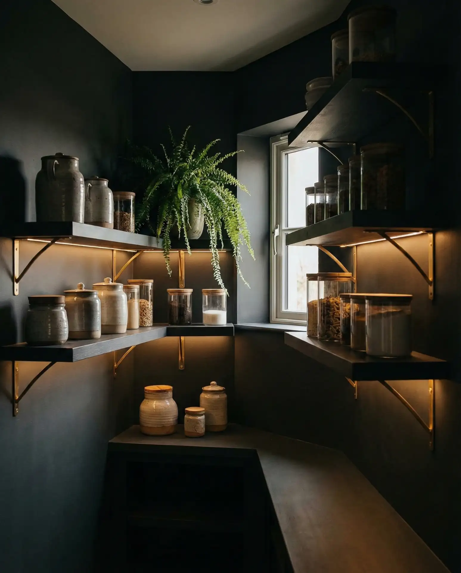 Moody Dark-Painted Pantry with Brass Accents 2