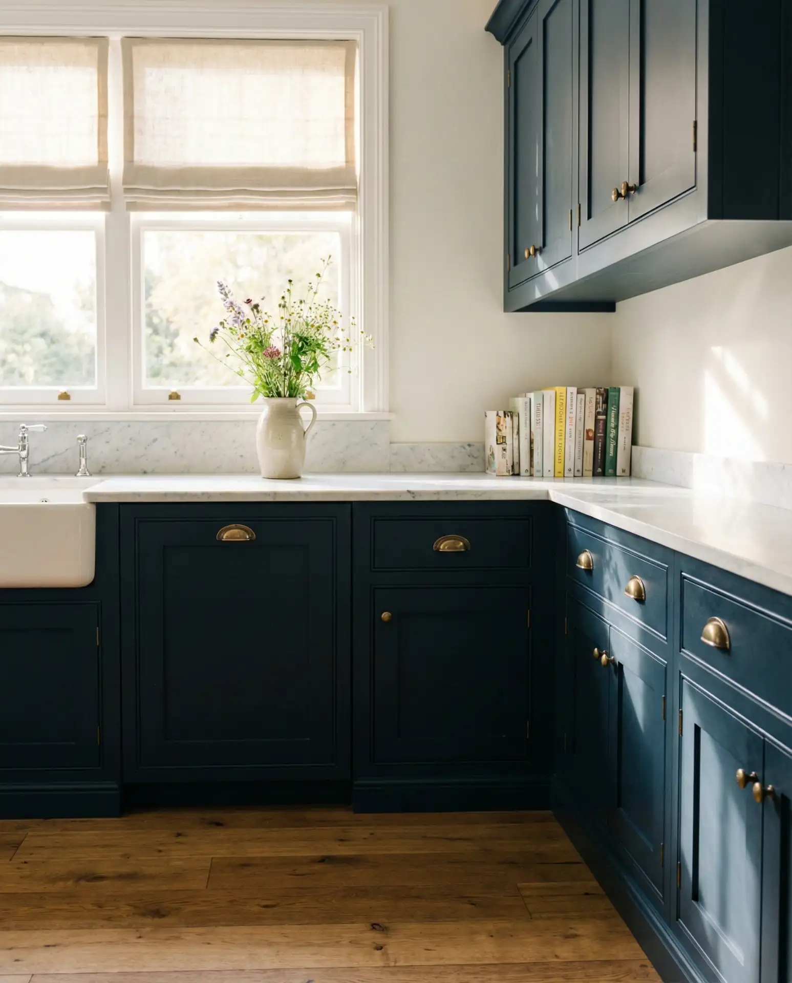 Navy Blue Shaker Cabinets with Brass Hardware 2