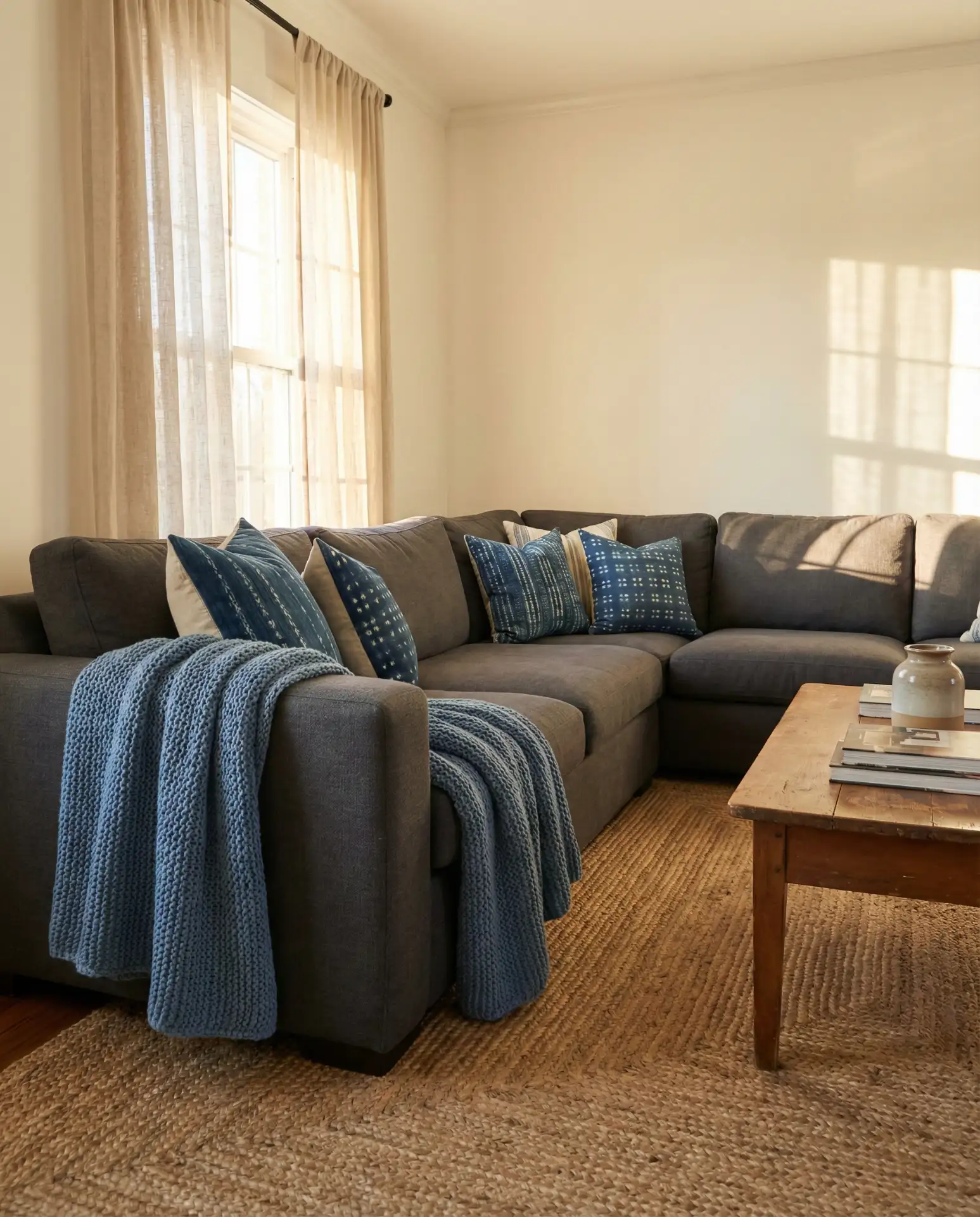 Neutral Gray Couch with Pops of Blue 1