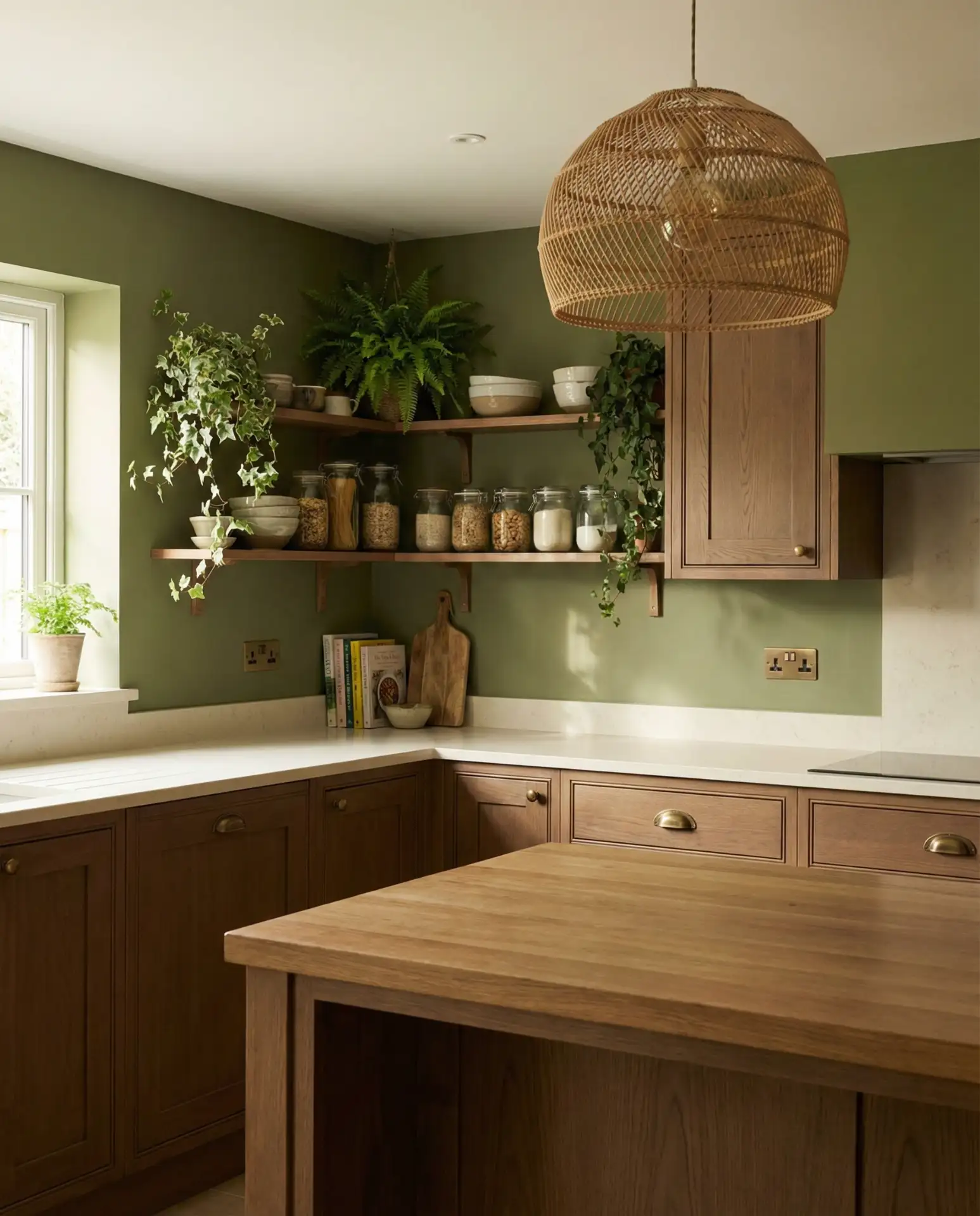 Olive Green Walls with Brown Cabinets 1