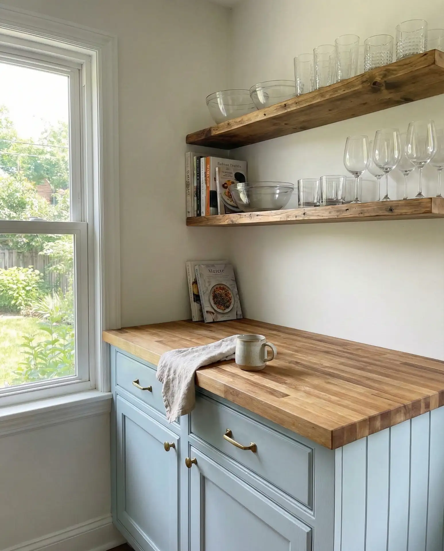 Pale Blue Cottage Kitchen with Open Shelving 1