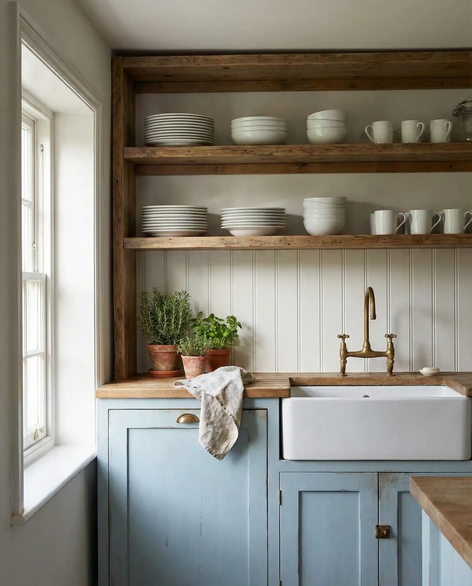 Pale Blue Cottage Kitchen with Open Shelving 2