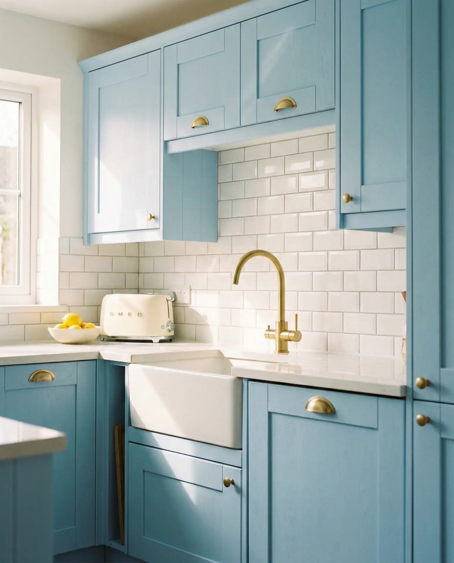Pastel Blue Kitchen with Gold Fixtures 1